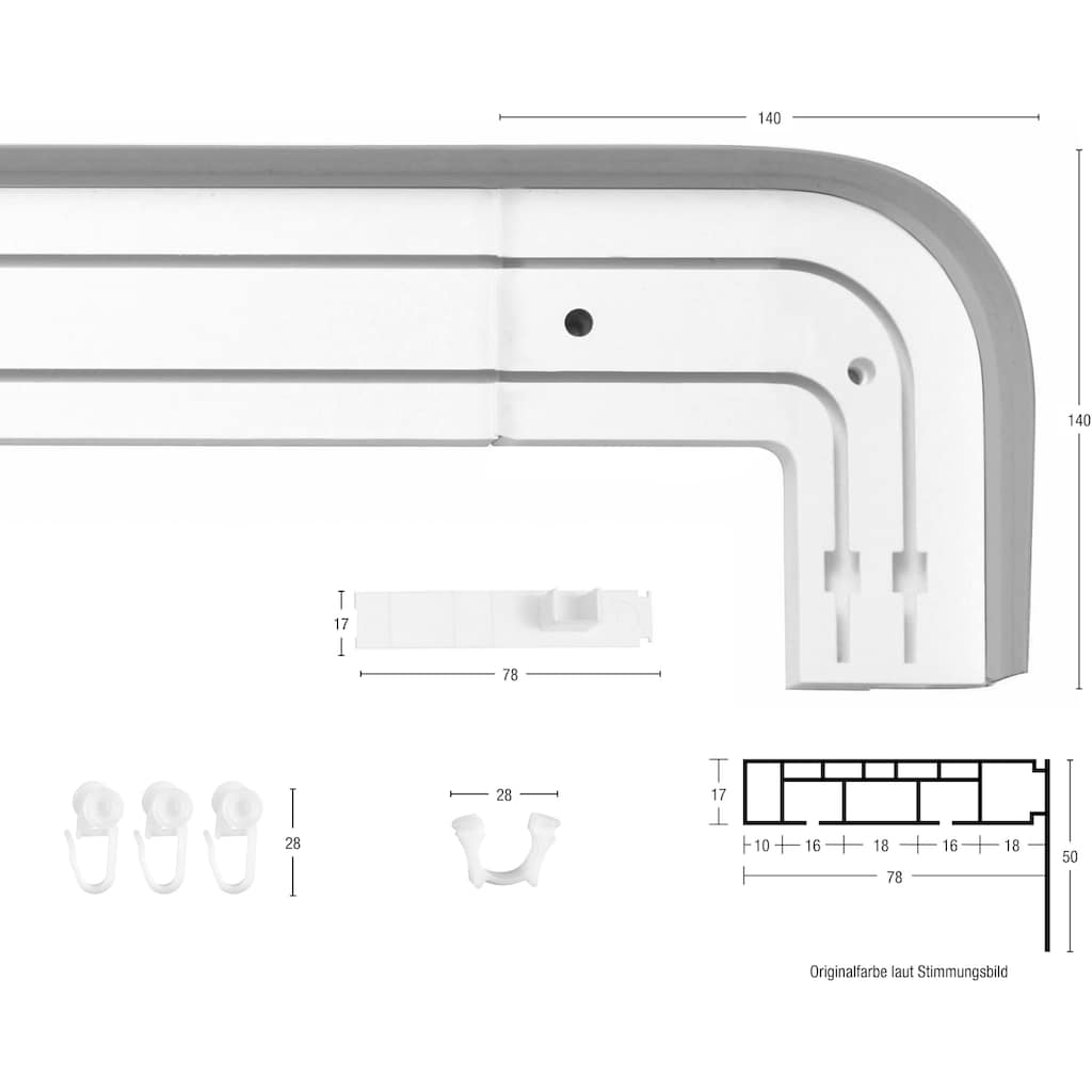 GARESA Schienensystem »Kunststoffschiene mit Blende«, 2 läufig-läufig, Wunschmaßlänge, seitlich mit 2 Rundbögen (kein Spalt zwischen Vorhang und Wand!)