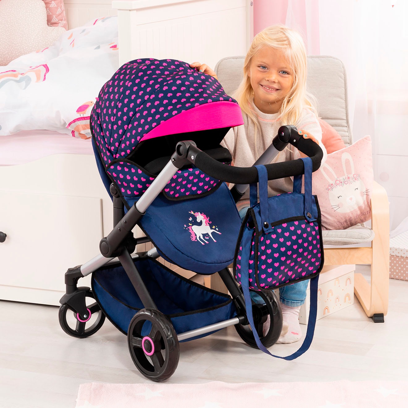 Bayer Kombi-Puppenwagen »Xeo, blau/pink Einhorn«