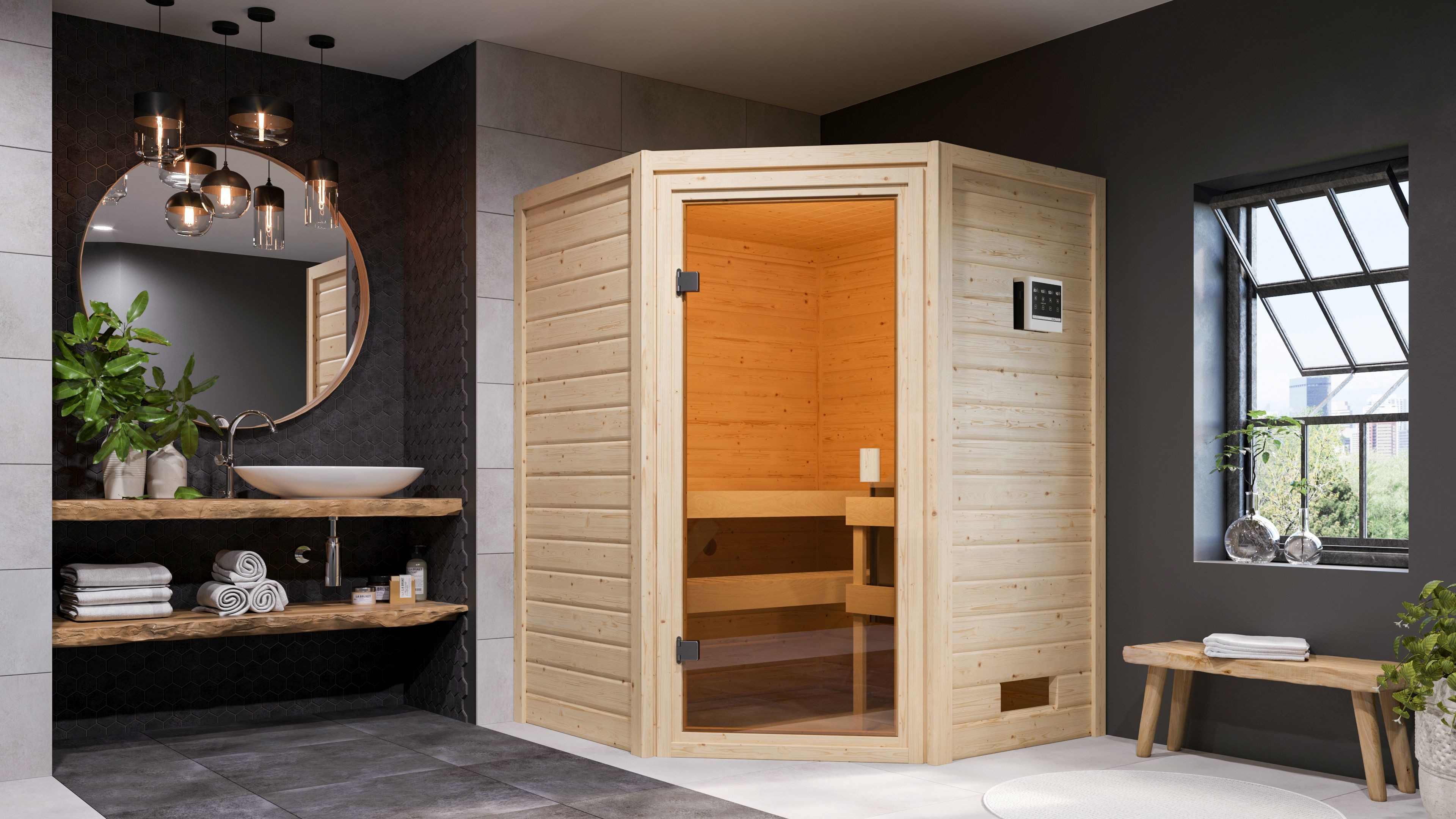 Karibu Sauna ""Anni" mit bronzierter Tür SET, naturbelassen, mit Ofen 9 kW" aus hochwertiger nordischer Fichte