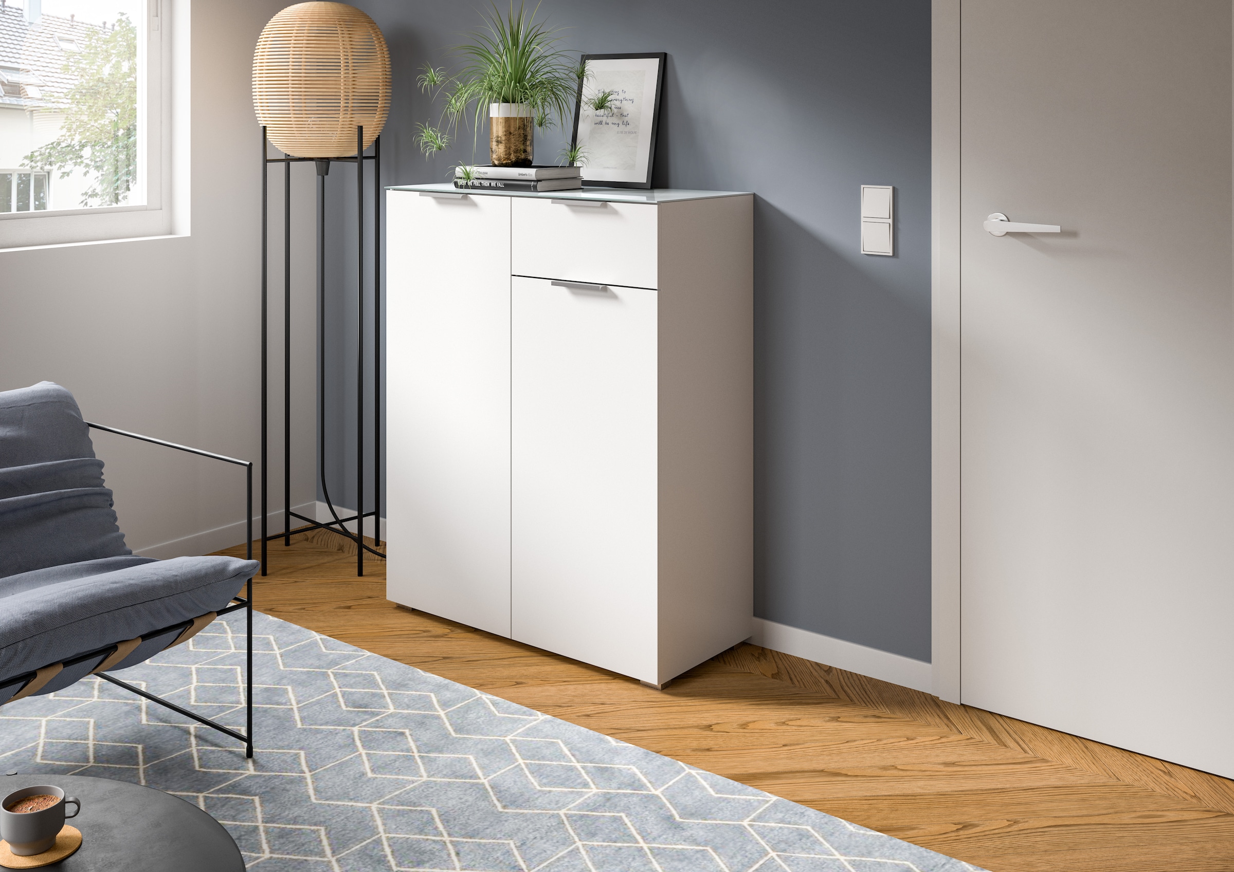 INOSIGN Kommode »Raio, Breite 90 cm, 2 Türen, 1 Schubkasten, Oberboden mit Glasplatte«, Anrichte, Sideboard, Highboard, Schrank