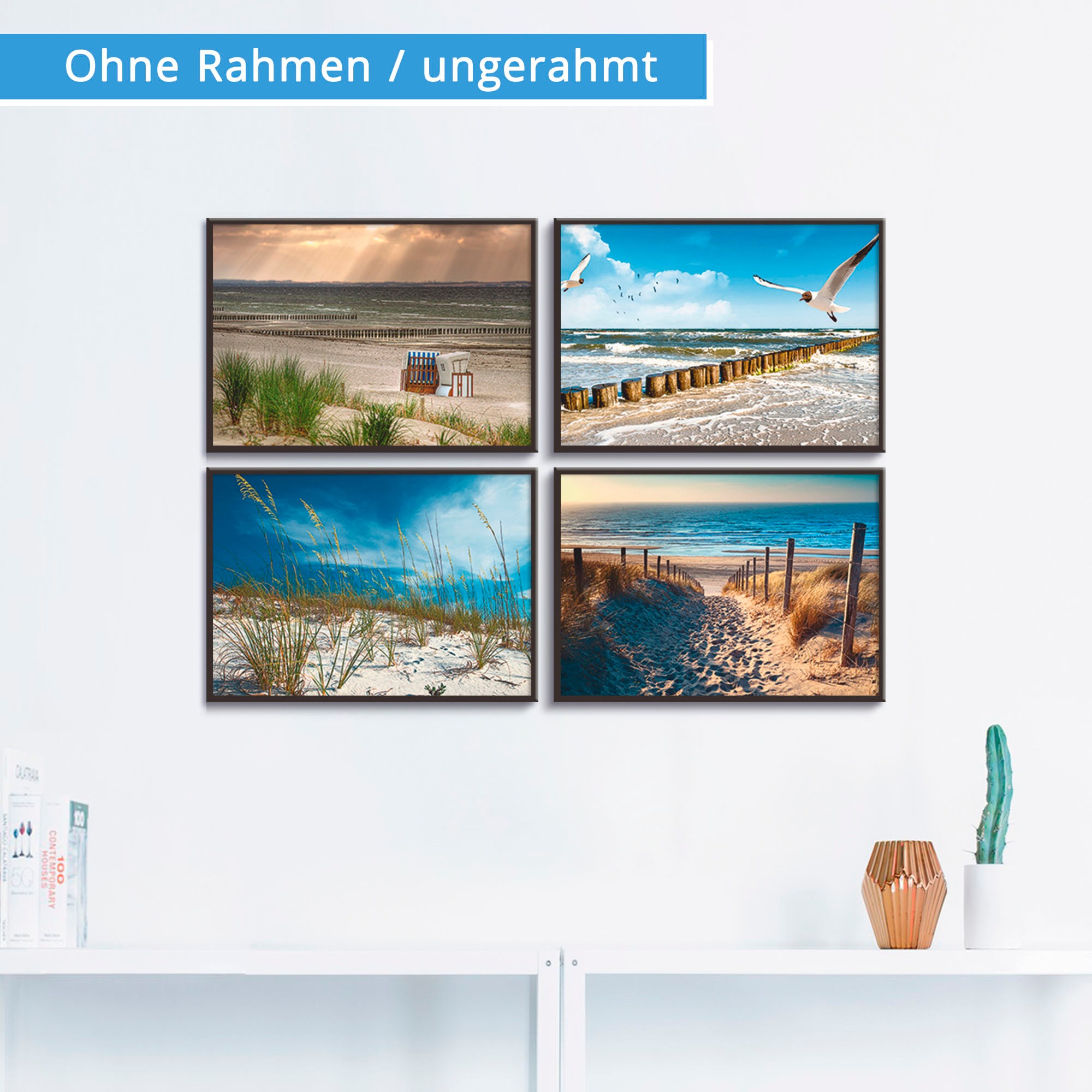 Artland Poster »Einsamer Strand Ostsee Sanddüne Gräser«, Strand, (4 St.), Poster, Wandbild, Bild, Wandposter