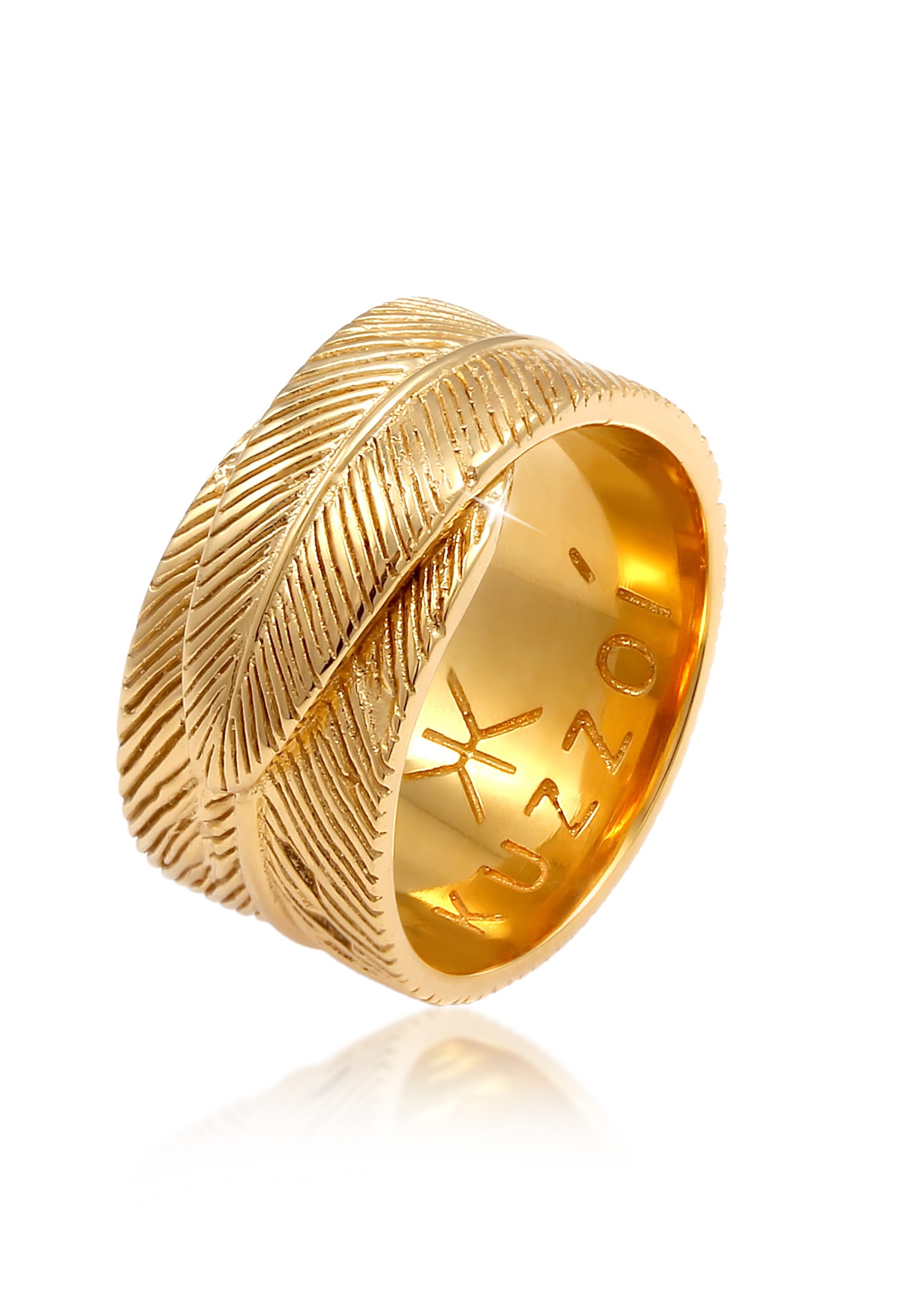 "Silberring KUZZOI ""Ring Herren Feder Vintage Trend Massiv 925 Silber"" Gr. 62, gold, Fingerringe, Herren, 62, Silber 925 (Sterlingsilber)
