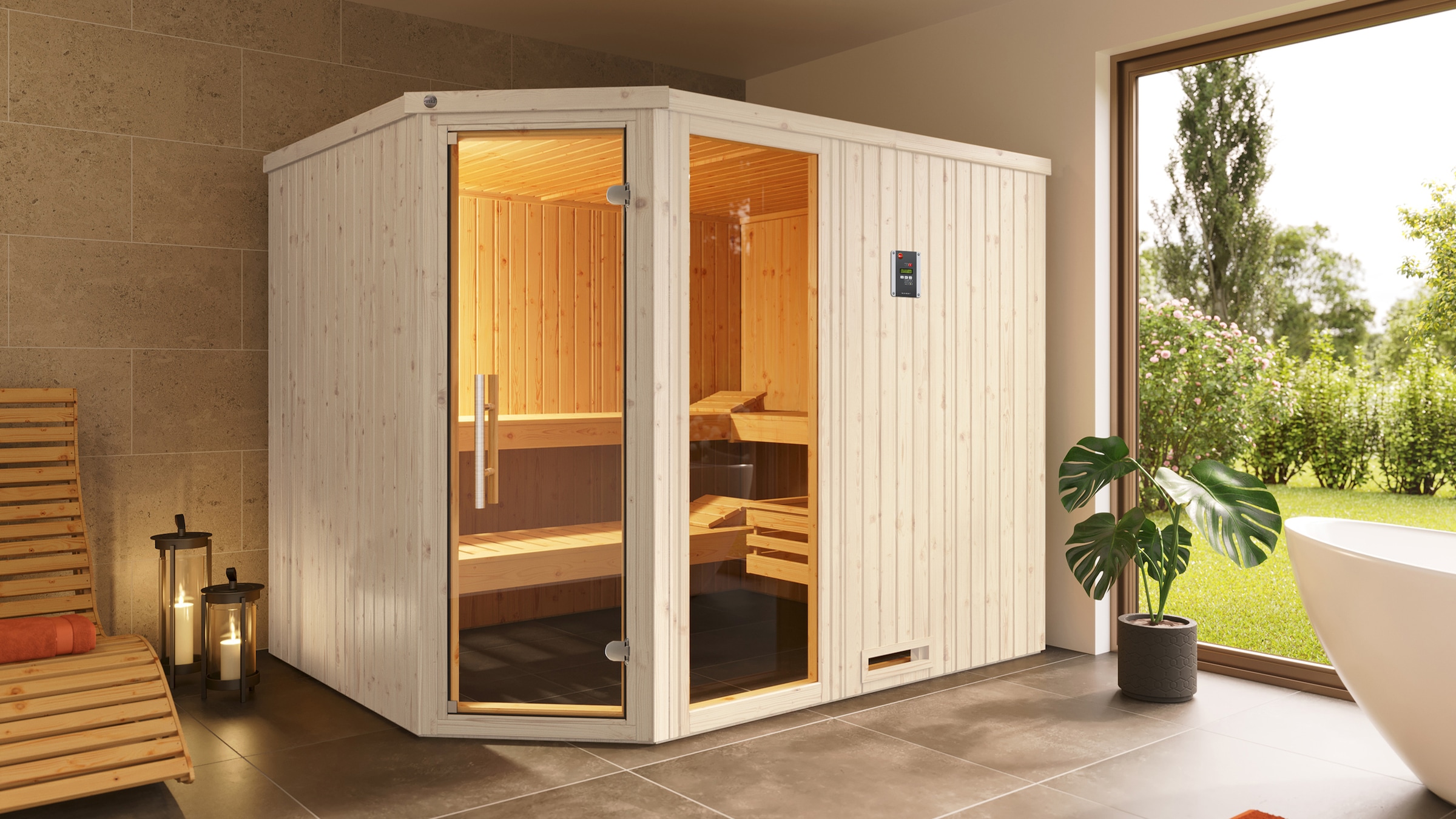 weka Sauna "Element-Ecksauna VARBERG 4", vorgefertigte Elemente, Fensterelement, moderne Ganzglastür