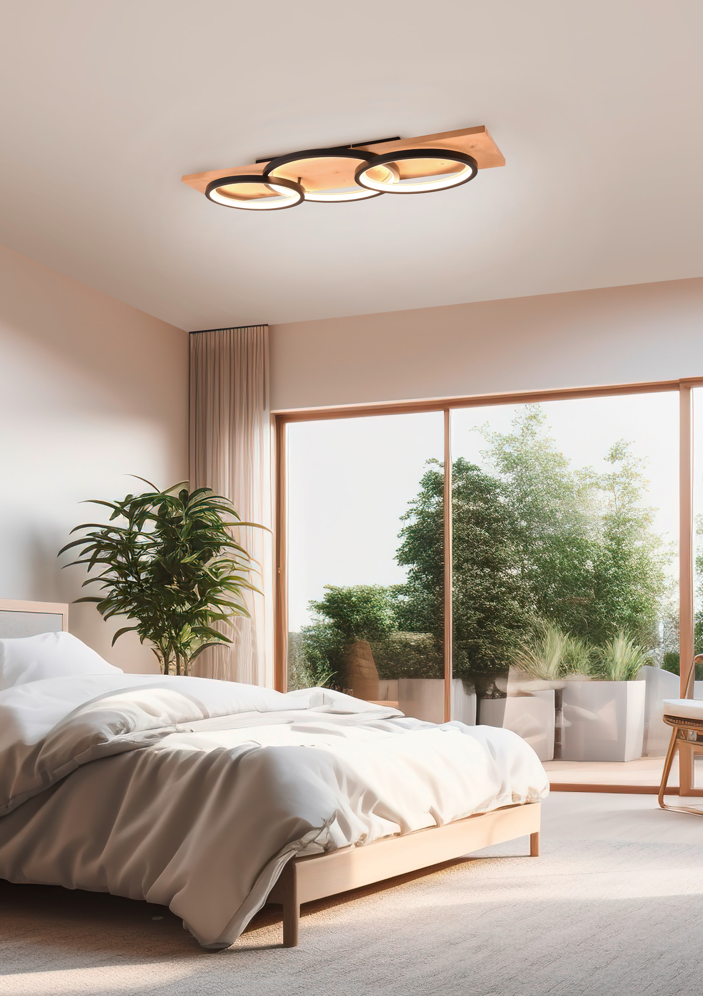 TRIO Leuchten LED Deckenleuchte »BARCA, dimmbare Deckenlampe aus Holz & Metall mit indirektem Licht«, 1 flammig, Leuchtmittel LED-Board | LED fest integriert, LED warmweiß & 4700 Lumen, für Wand- und Deckenmontage, 3 Dimmstufen
