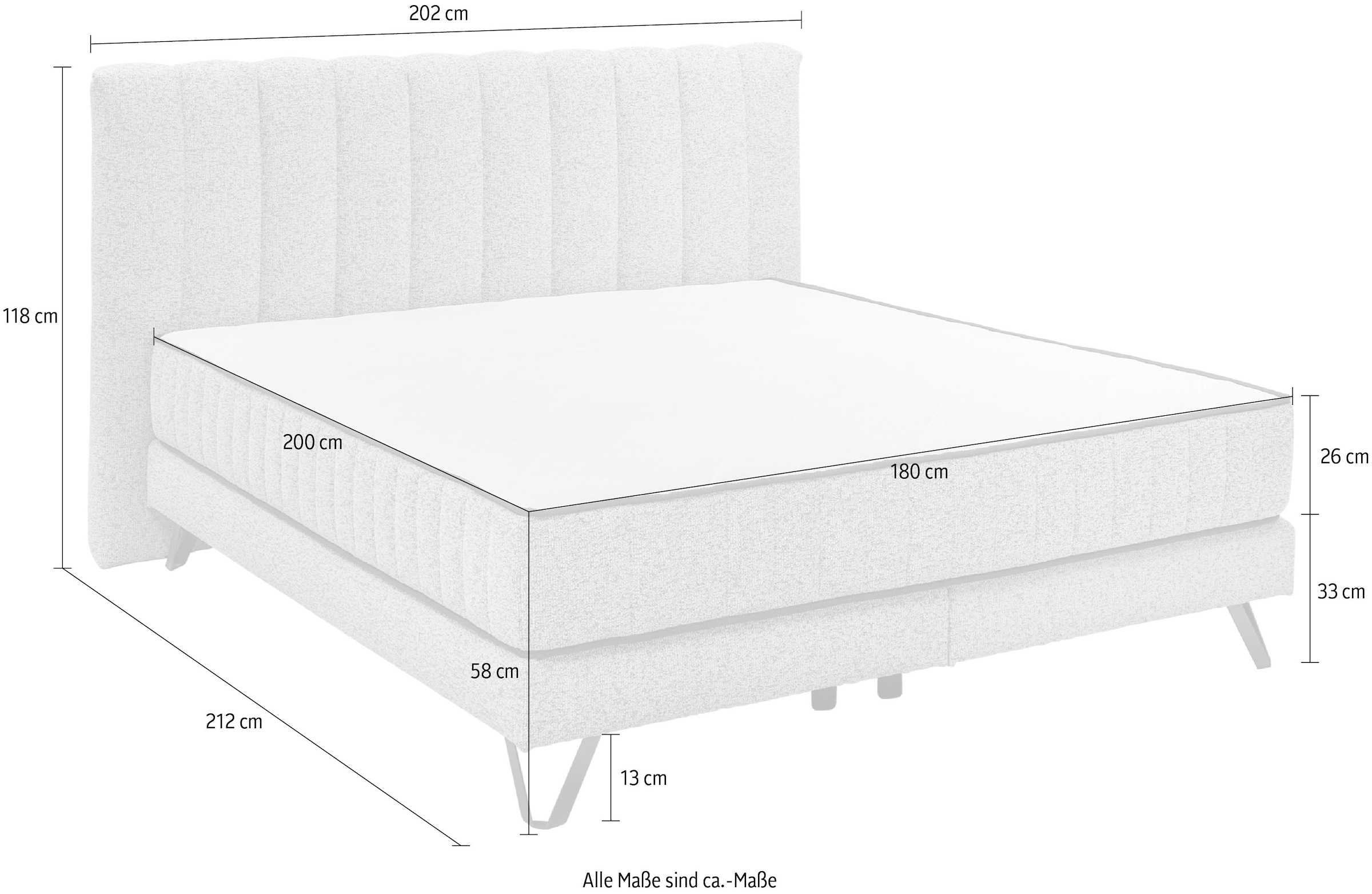 set one by Musterring Boxspringbett »Baldwin«, Liegefläche 180 x 200 cm, Duo-Matratze, Kopfteil mit Steifensteppung