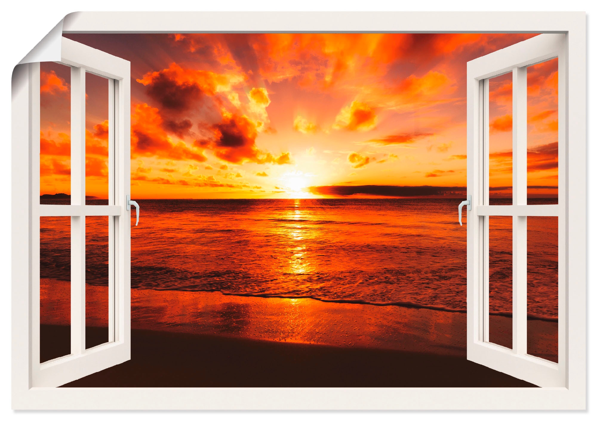 Artland Wandbild »Fensterblick Sonnenuntergang Leinwandbild, Poster Wandaufkleber (1 Fensterblick, am in | oder als BAUR Strand«, St.), versch. Größen bestellen