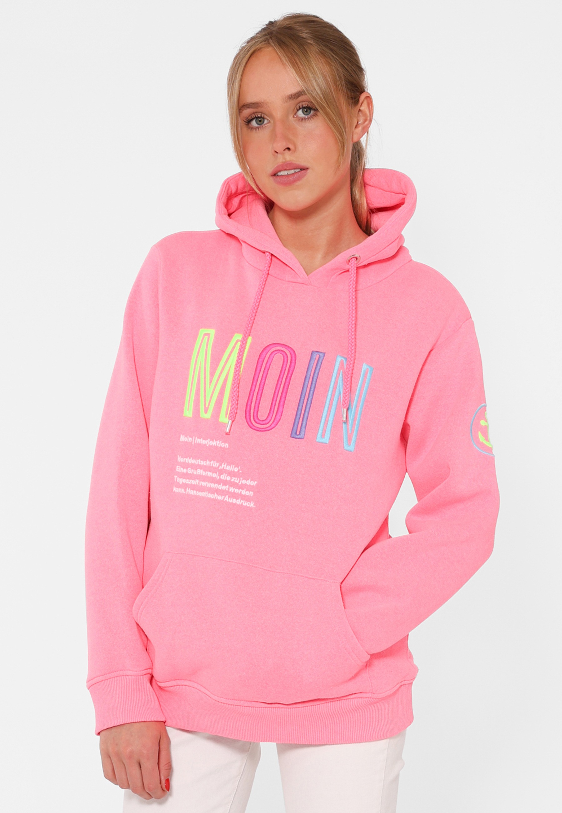 Zwillingsherz Sweat-Hoodie, mit aufgesticktem "MOIN"-Schriftzug in Neonfarb günstig online kaufen