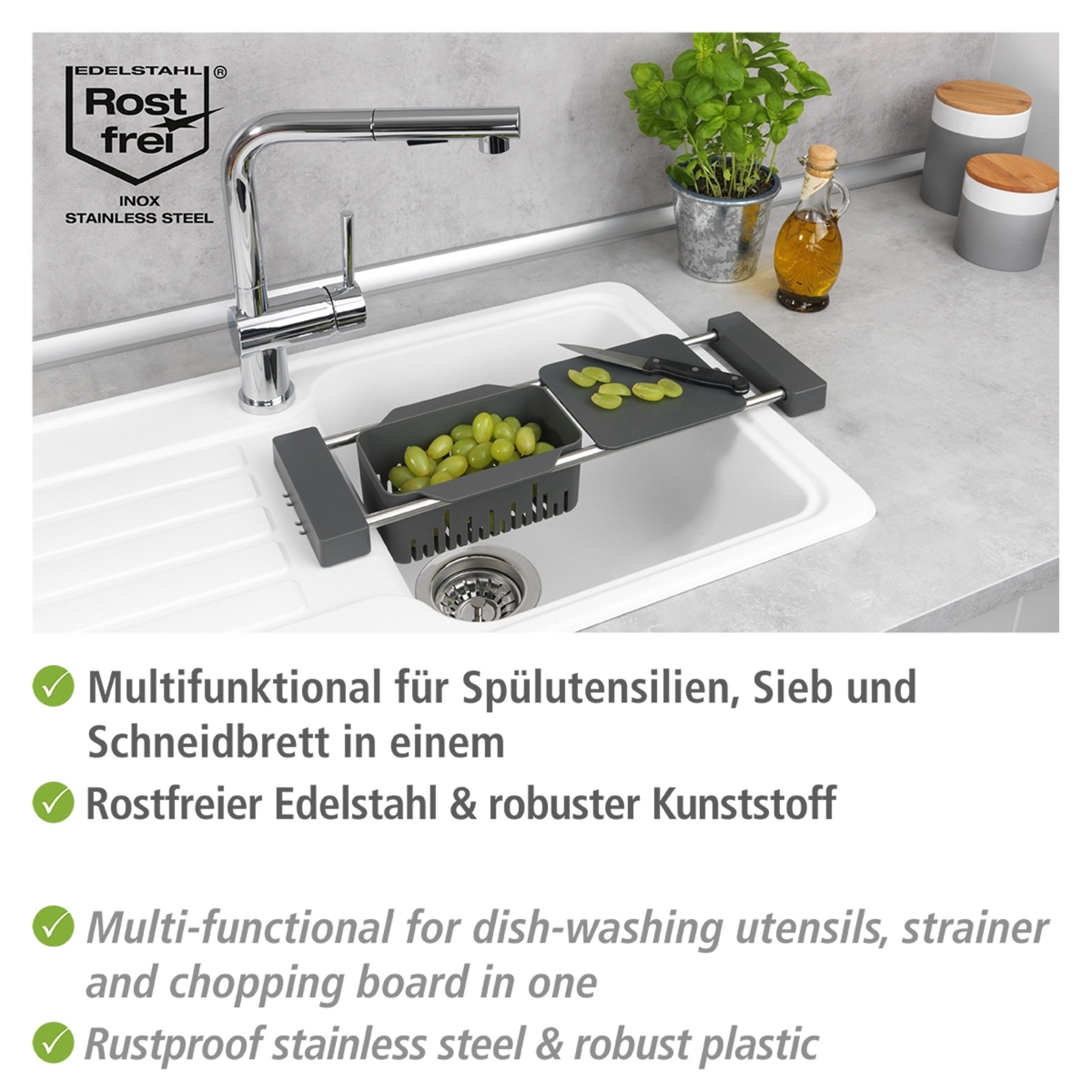 WENKO Zubehöraufbewahrungsständer »Modell Cami«, multifunktionaler Spülen-Caddy, ausziehbar, Kunststoff/Edelstahl