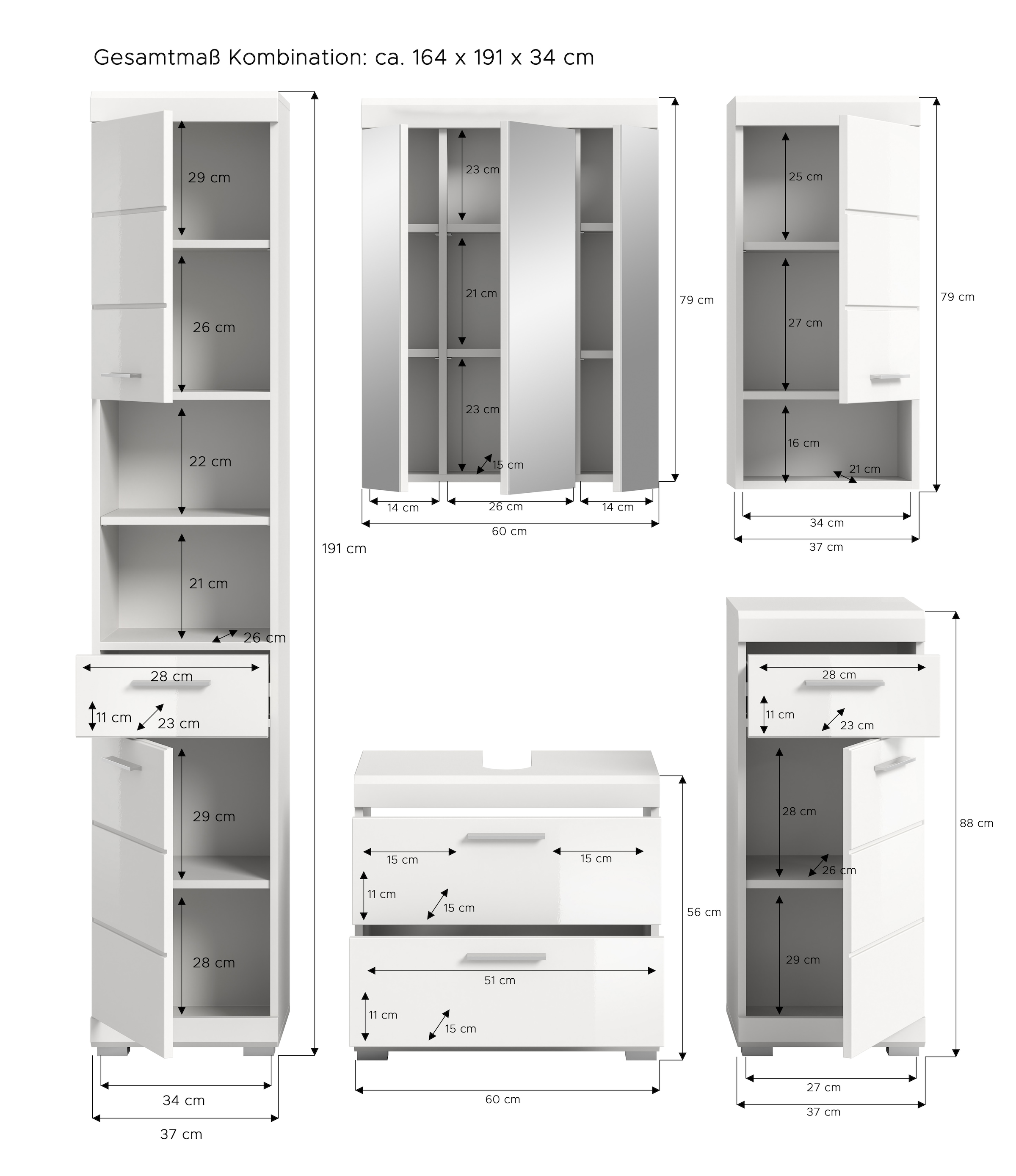 INOSIGN Badmöbel-Set »Siena, 5 teilig, bestehend aus:«, (Set), Hochschrank, WBU, Spiegelschrank, Unterschrank, Hängeschrank