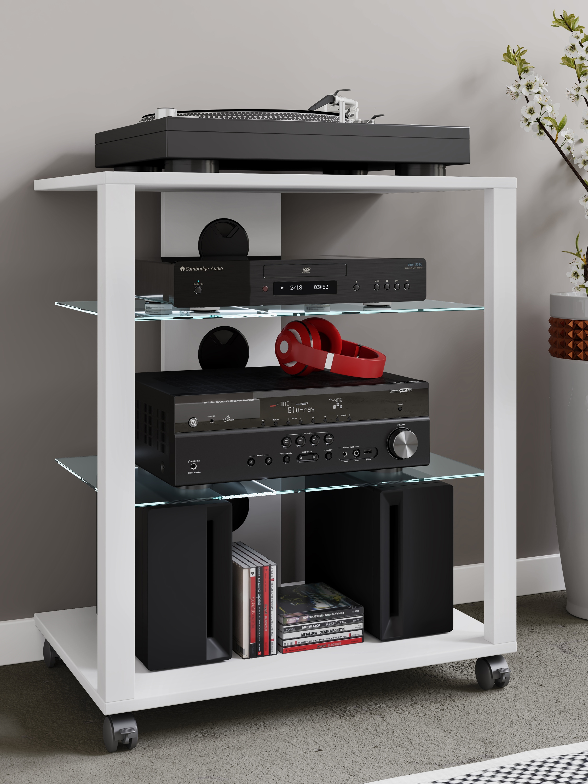VCM Media-Board »VCM Hifi Holz Möbel | Rack Schrank Phono Regal mit Rollen | 2 Glasböden | Maße: H. 70 x B. 60 x T. 41 cm | Phono Mediaregal - Folas«, (VCM Folas)