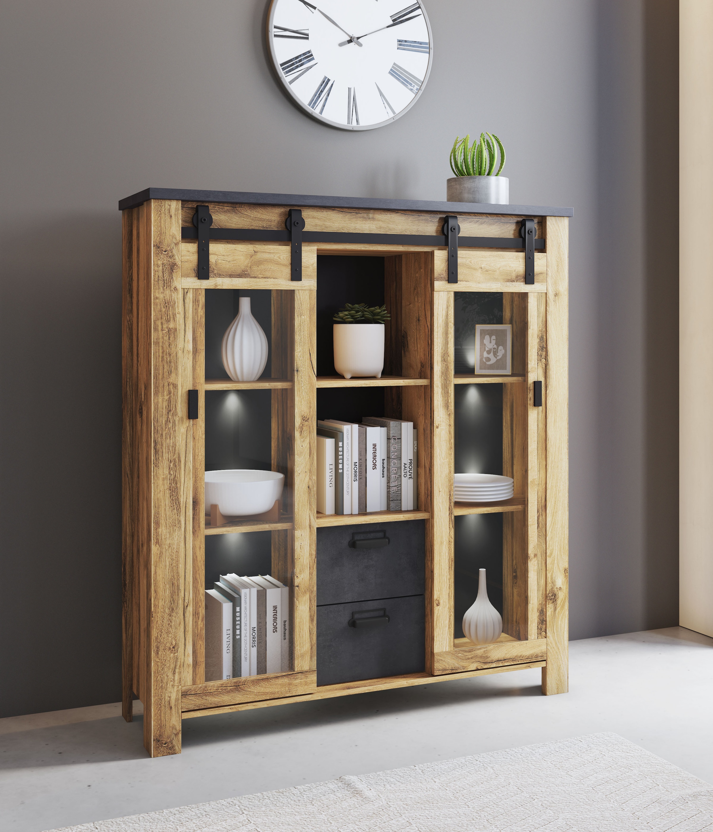 Home affaire Highboard "York, moderner Hochschrank, Vitrine in Hunton Oak, günstig online kaufen