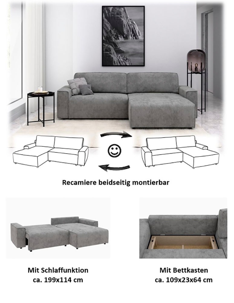INOSIGN Ecksofa »Chance, Recamiere beidseitig montierbar, Schlaffunktion, Breite 265 cm«, in Cordstoff HYPER, mit Schlaffunktion und Bettkasten