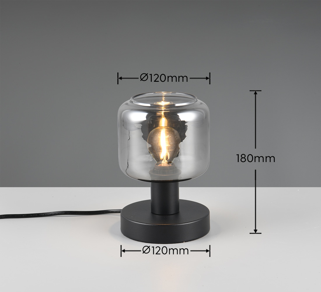 TRIO Leuchten Tischleuchte »MATARO, Tischlampe mit Glasschirm, exkl 1x E14 max 10W, Schnurschalter« E14 1 Stk. warmweiß - kaltweiß mit chrombedampften Glas Lampenschirmen smokefarbig, Ø 12 cm H.18cm