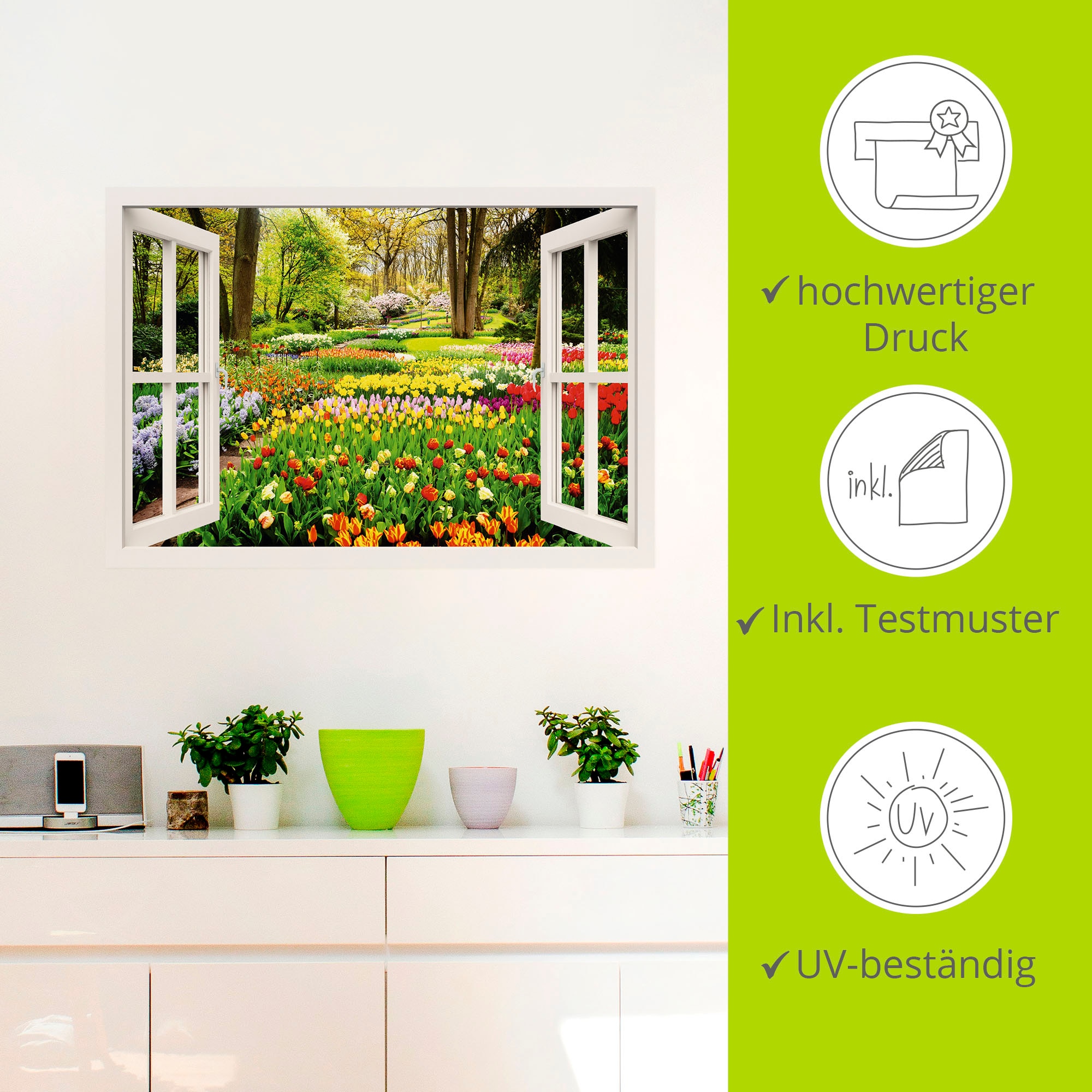 Artland Wandbild »Fensterblick Tulpen Garten Frühling«, Fensterblick, (1 St.), als Alubild, Outdoorbild, Leinwandbild, Poster, Wandaufkleber
