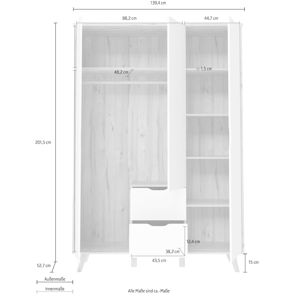 FORTE Drehtürenschrank »Vankka,Kleiderschrank, Topseller! Viel Stauraum,ca.140x200cm«, Made in Europe,mit Einlegeböden+Kleiderstange+Schubladen,grifflos