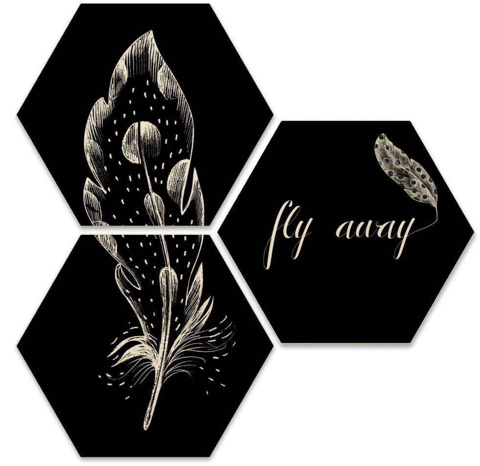 Wall-Art Mehrteilige Bilder "Hexagon Set Fly away Feder", (Set, 3 St.), Holzposter modern