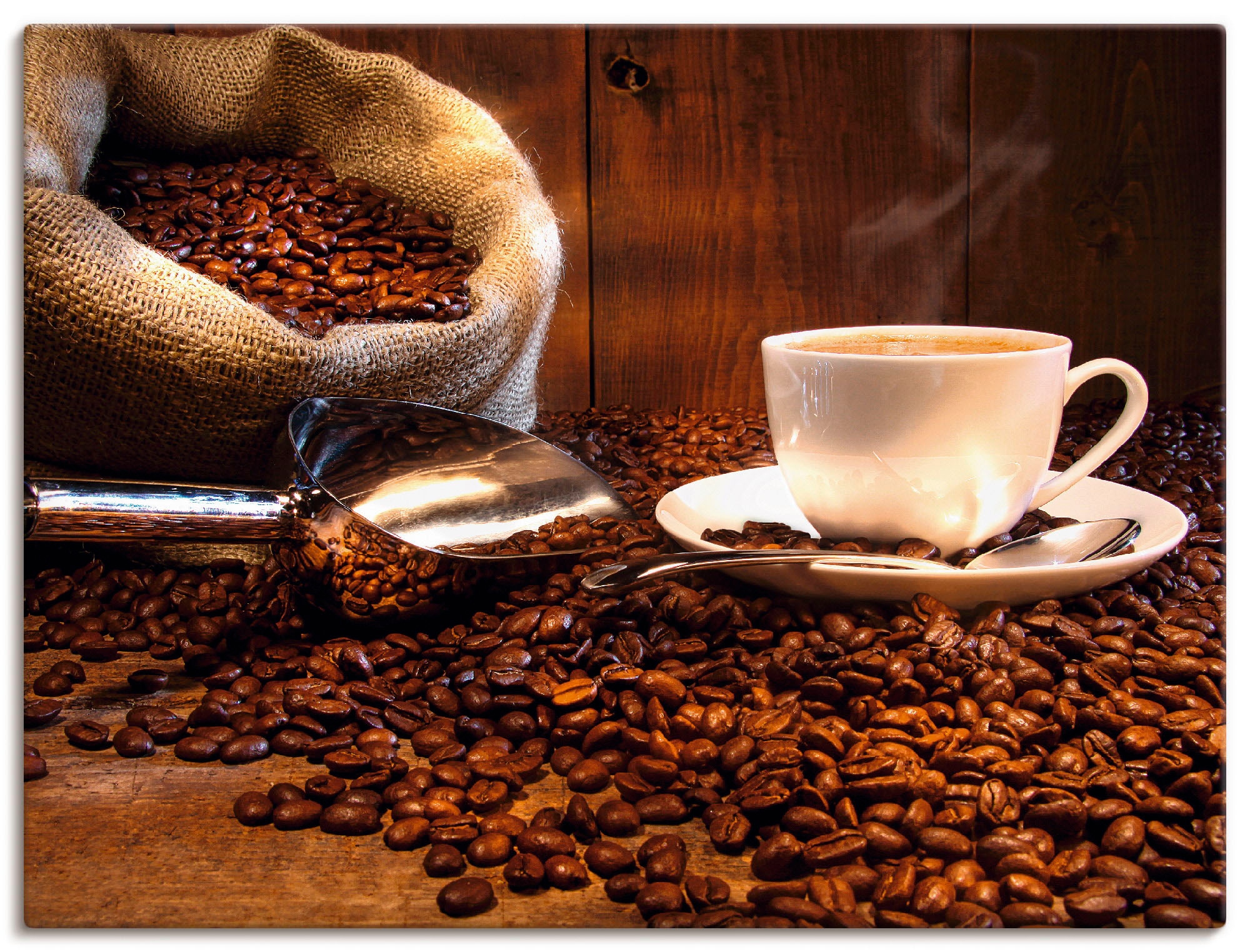 Artland Leinwandbild "Kaffeetasse und Leinensack auf Tisch", Getränke, (1 St.), auf Keilrahmen gespannt