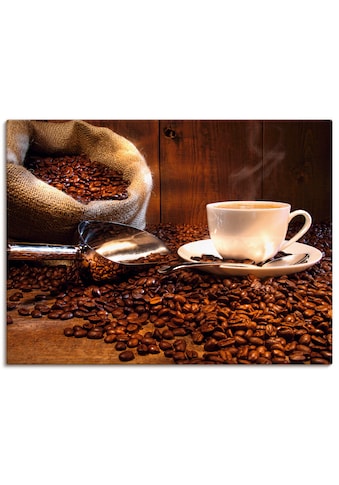 Leinwandbild »Kaffeetasse und Leinensack auf Tisch«, Getränke, (1 St.)
