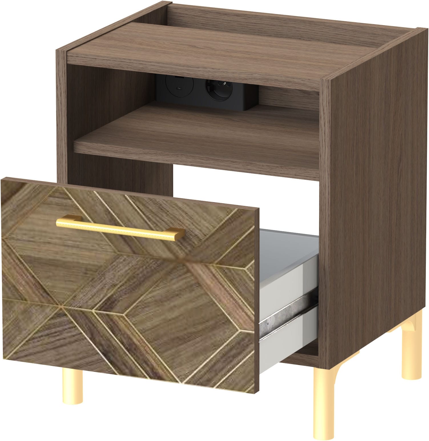 Schildmeyer Nachtschrank »Glenn, mit smarter Ladestation & Steckdose, Made in Germany« 1 Stk. tlg. Nussbaum Art-Déco Design mit eleganten Goldakzenten, Made in Germany