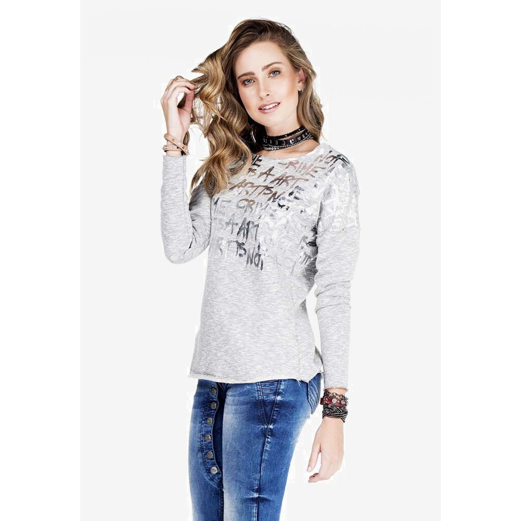 Damenmode Shirts & Sweatshirts Cipo & Baxx Langarmshirt, mit glänzendem Graffitiprint grau-silberfarben