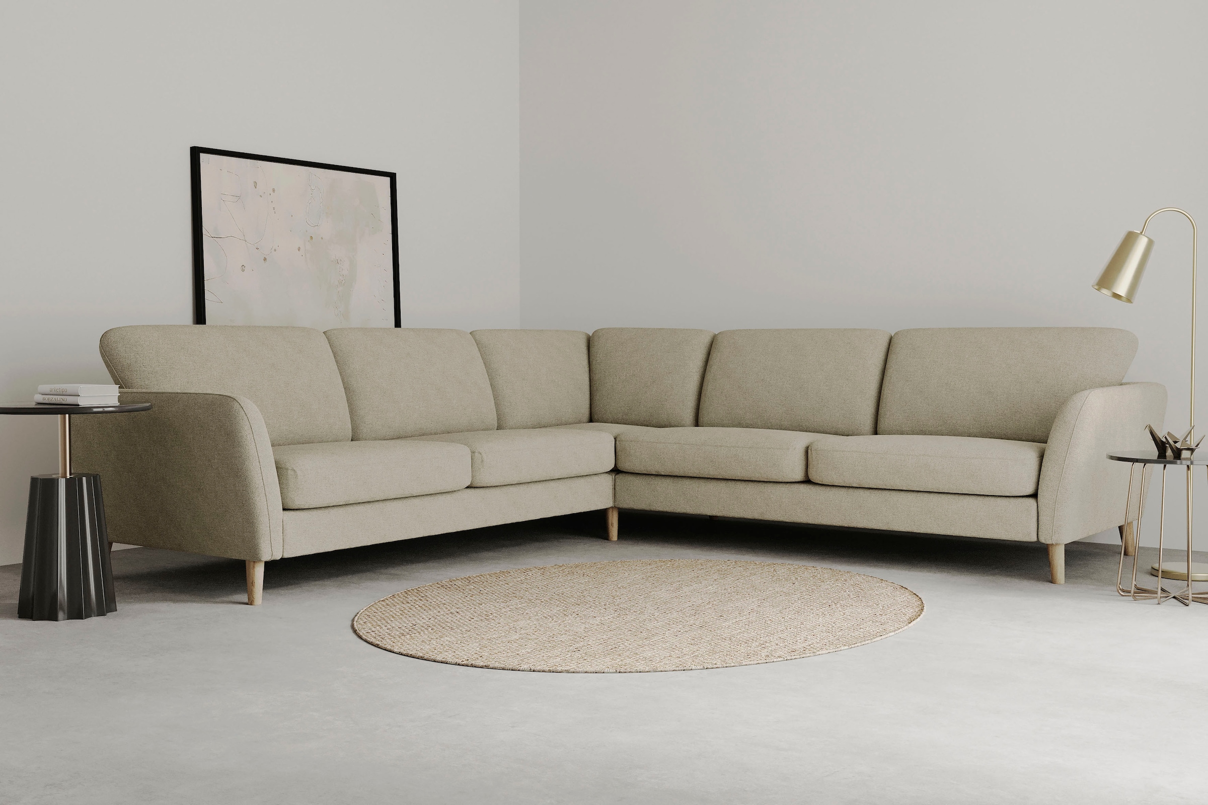 OTTO home Ecksofa "MARSEILLE 278/278 cm, L-Form, Webstoff, Flachgewebe, Filzoptik" gleichschenklig, Massivholzbeine, Landhausstil, Wellenunterfederung
