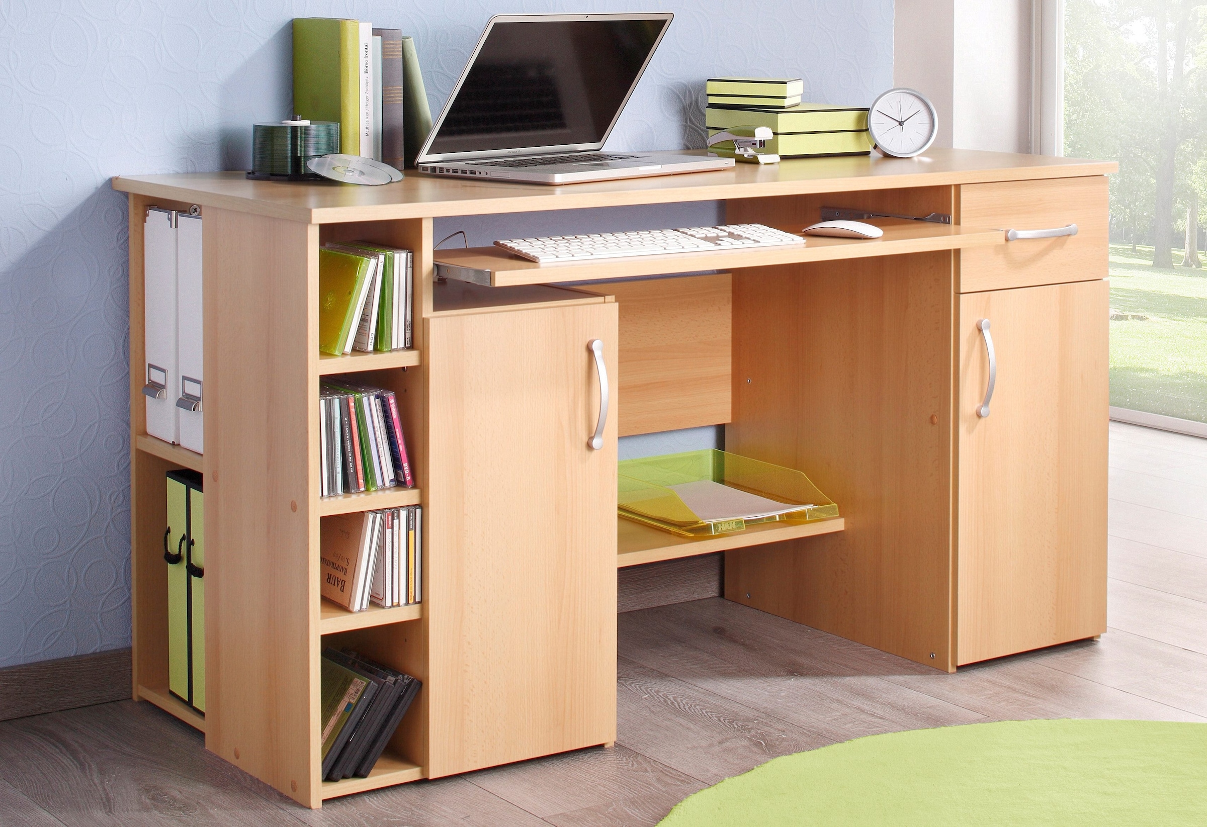 VOGL Möbelfabrik Schreibtisch »Tim mit seitlich offenen Fächern & Tastaturauszug,«, Druckerablage, 1 Schublade, Breite 138 cm, Made in Germany