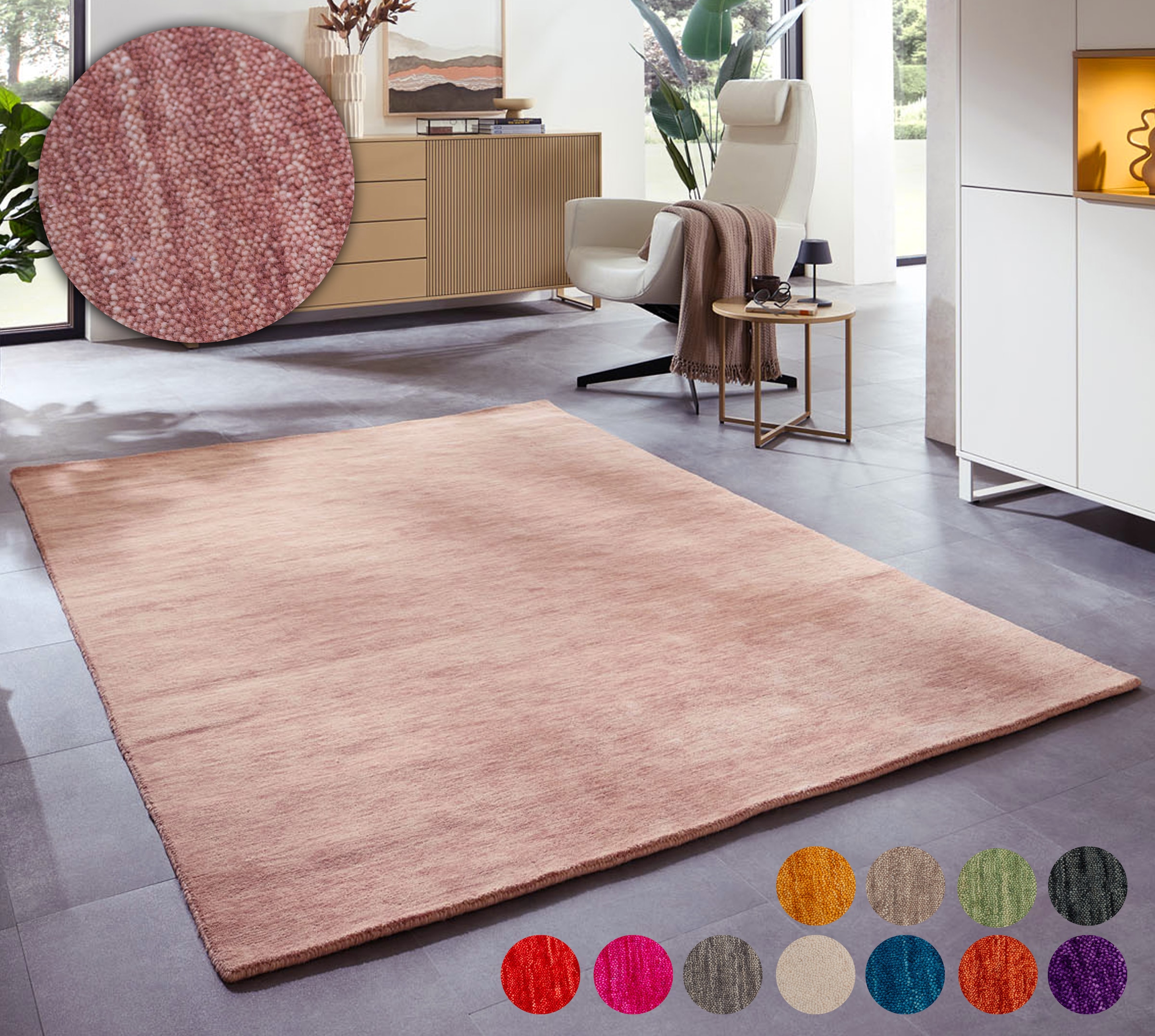 Wollteppich THEKO "Holi", rosa (rosé), B:60cm H:13mm L:90cm, Schurwolle, Teppiche, Uni-Farben, leicht meliert, reine Wolle, handgewebt mit Knüpfoptik