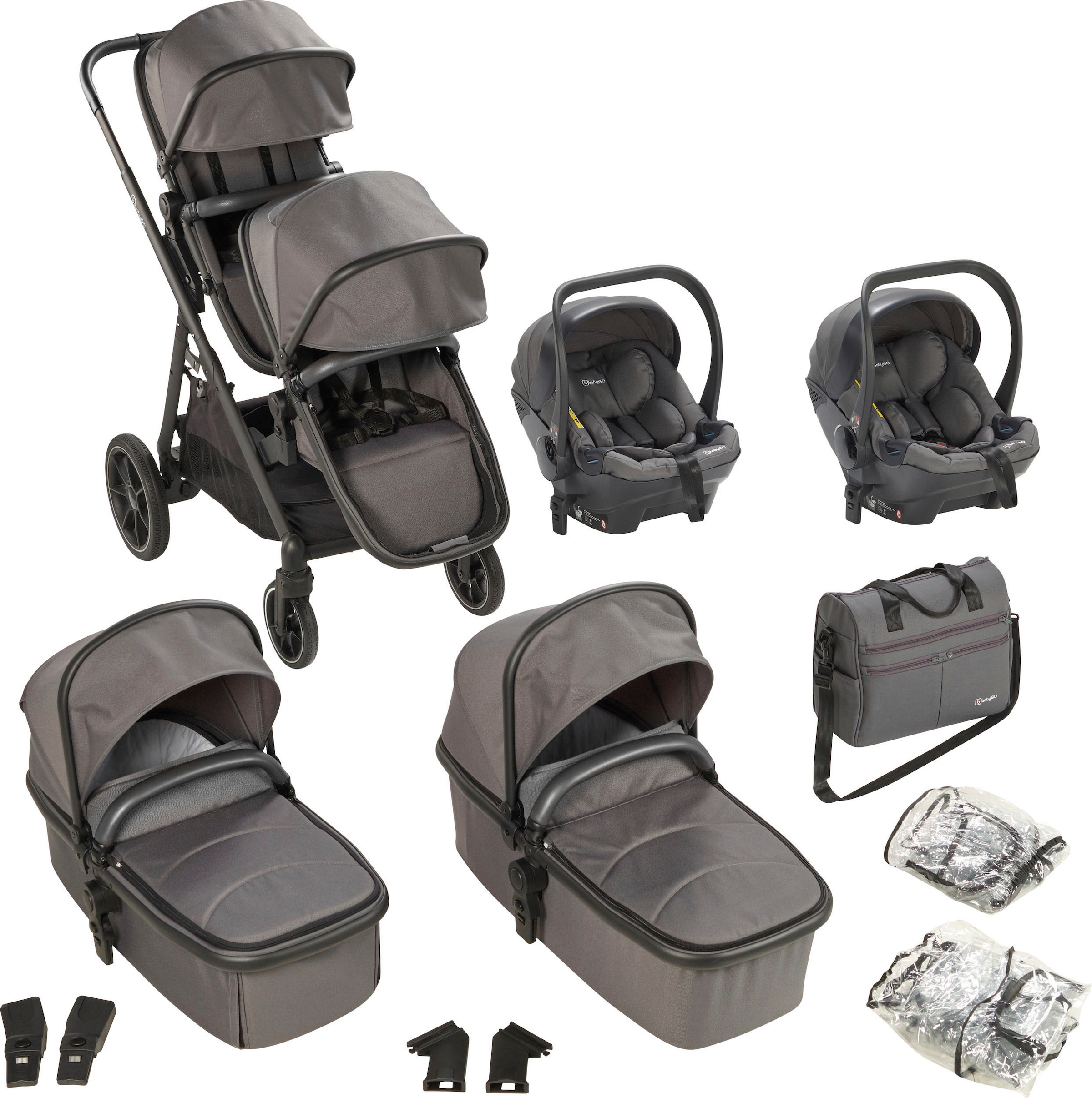 BabyGo Zwillings-Kombikinderwagen »Duo Mega Set, grau«, inkl. 2 Babyschalen mit Adapter, Wickeltasche u. 2 Regenhauben