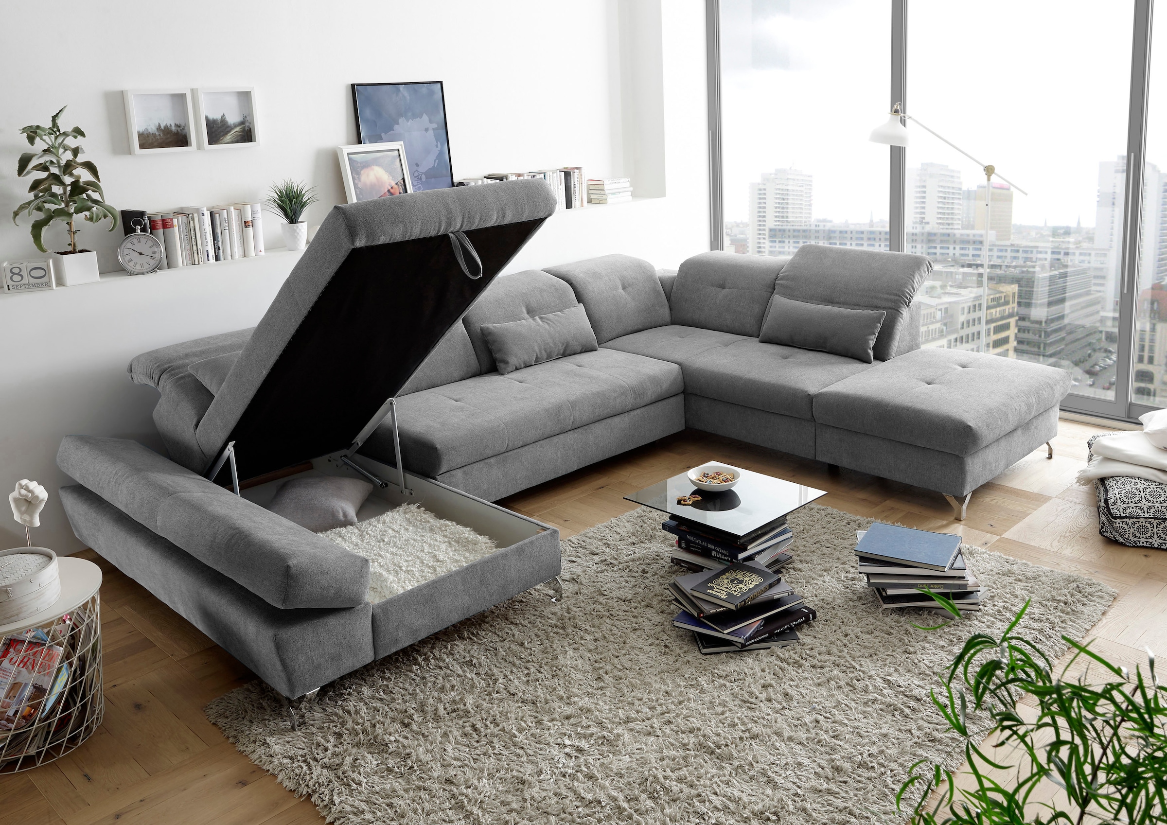 ED EXCITING DESIGN Wohnlandschaft »Melfi U-Form«, mit Bettfunktion, Bettkasten, Nierenkissen, frei im Raum stellbar