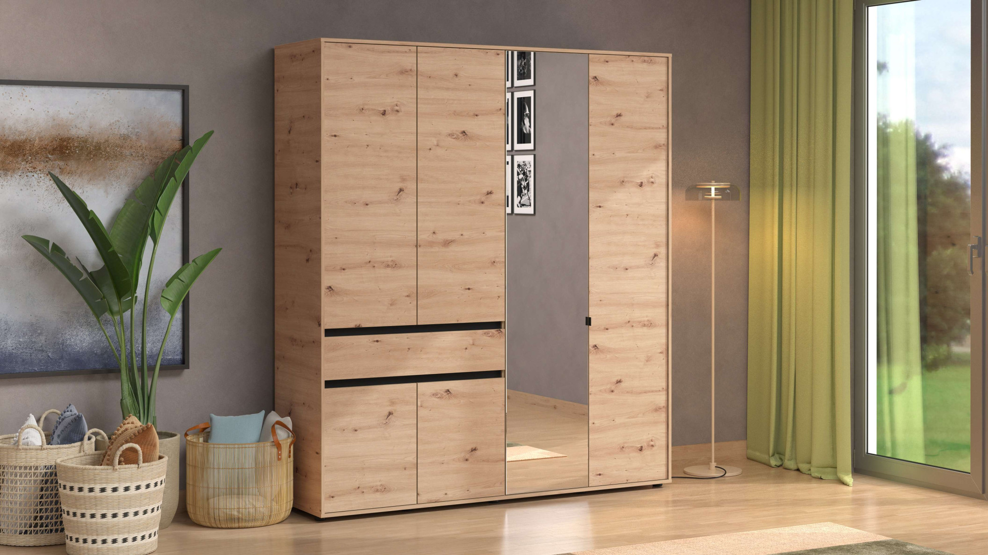 Home affaire Kleiderschrank "Corbett, grifflose Optik, FSC-zertifziert, Made in Europe" 138 oder 182,5cm breit, 211cm hoch und 54,5cm tief, mit Spiegel, 1 Schublade und Innenausstattung