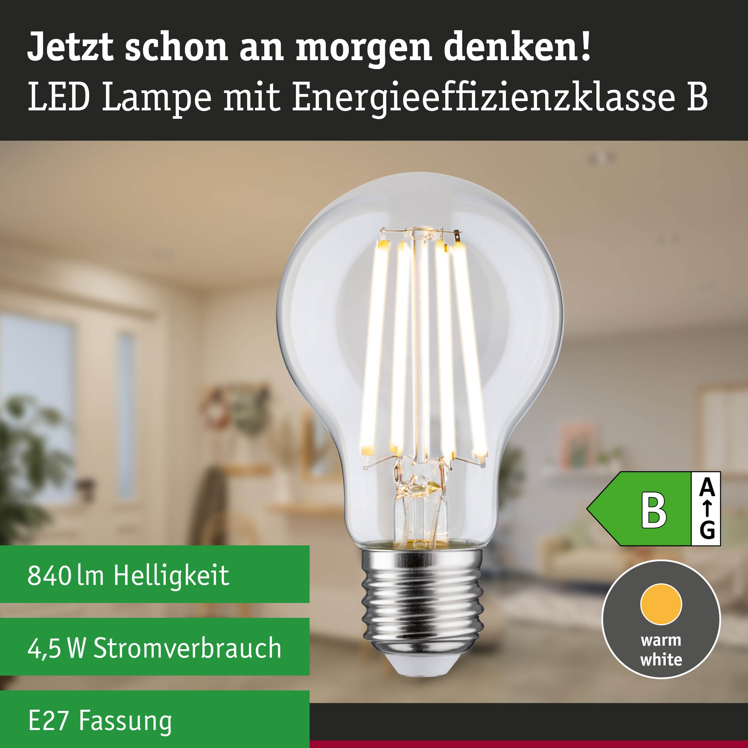 Paulmann LED-Leuchtmittel »Efficient-Line AGL 840lm 4,5W 3000K dim klar 230V« E27 1 Stk. Warmweiß