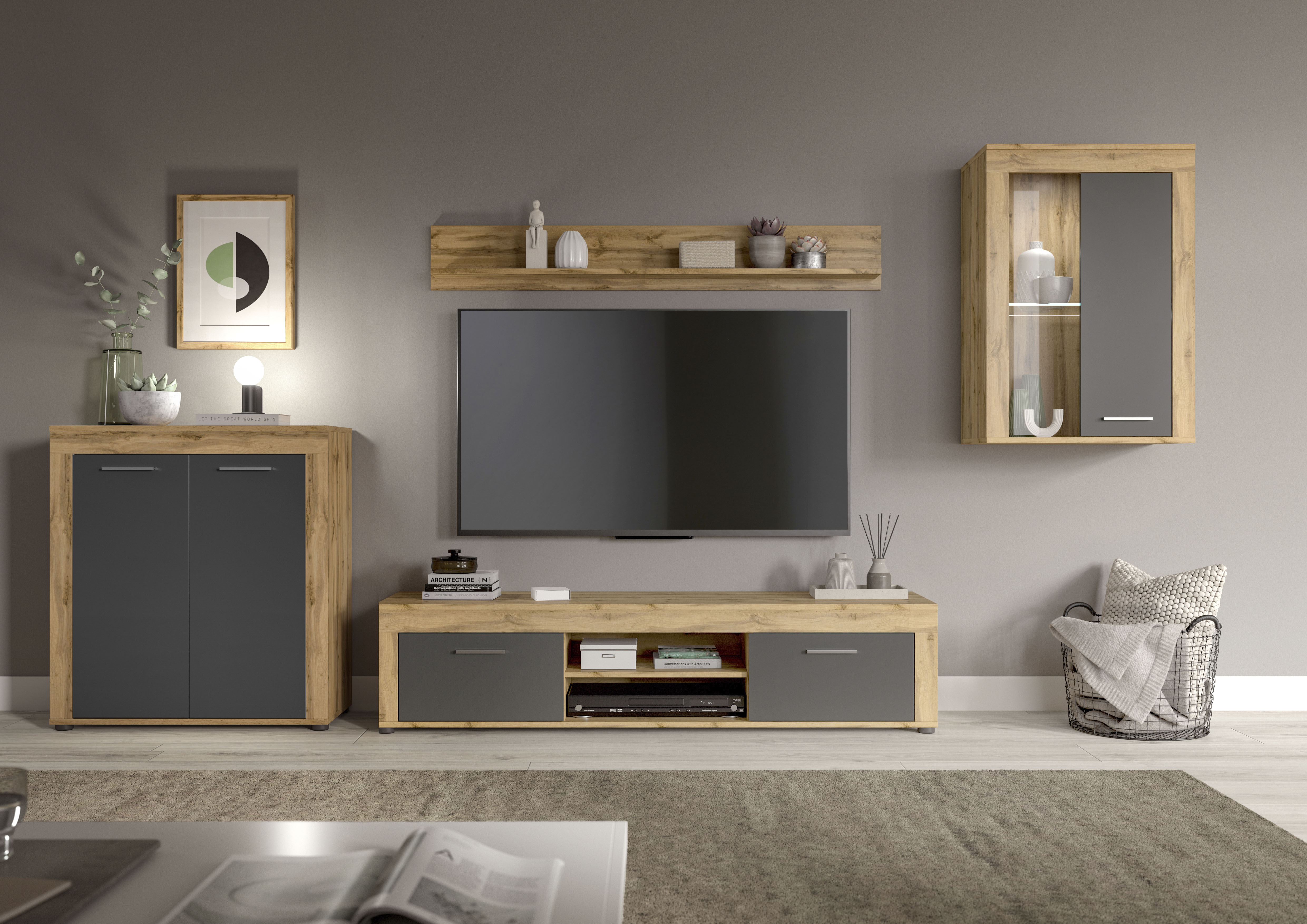 OTTO home Wohnwand "AOSTA, Breite 330cm, 4-teilige Wohn-Kombination" bestehend aus: Highboard, Lowboard, Wandboard & Vitrine, 4 Stk. tlg.