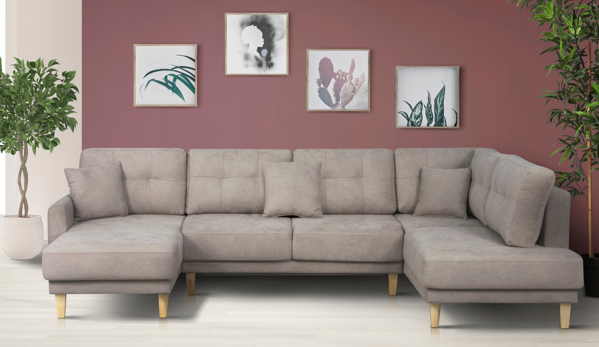 Home affaire Wohnlandschaft »TRIPLO U-Form wahlweise mit Schlaffunktion, B/T/H: 310/192/90 cm«, Schlafsofa, auch mit Bettkasten, Steppung im Rückenkissen