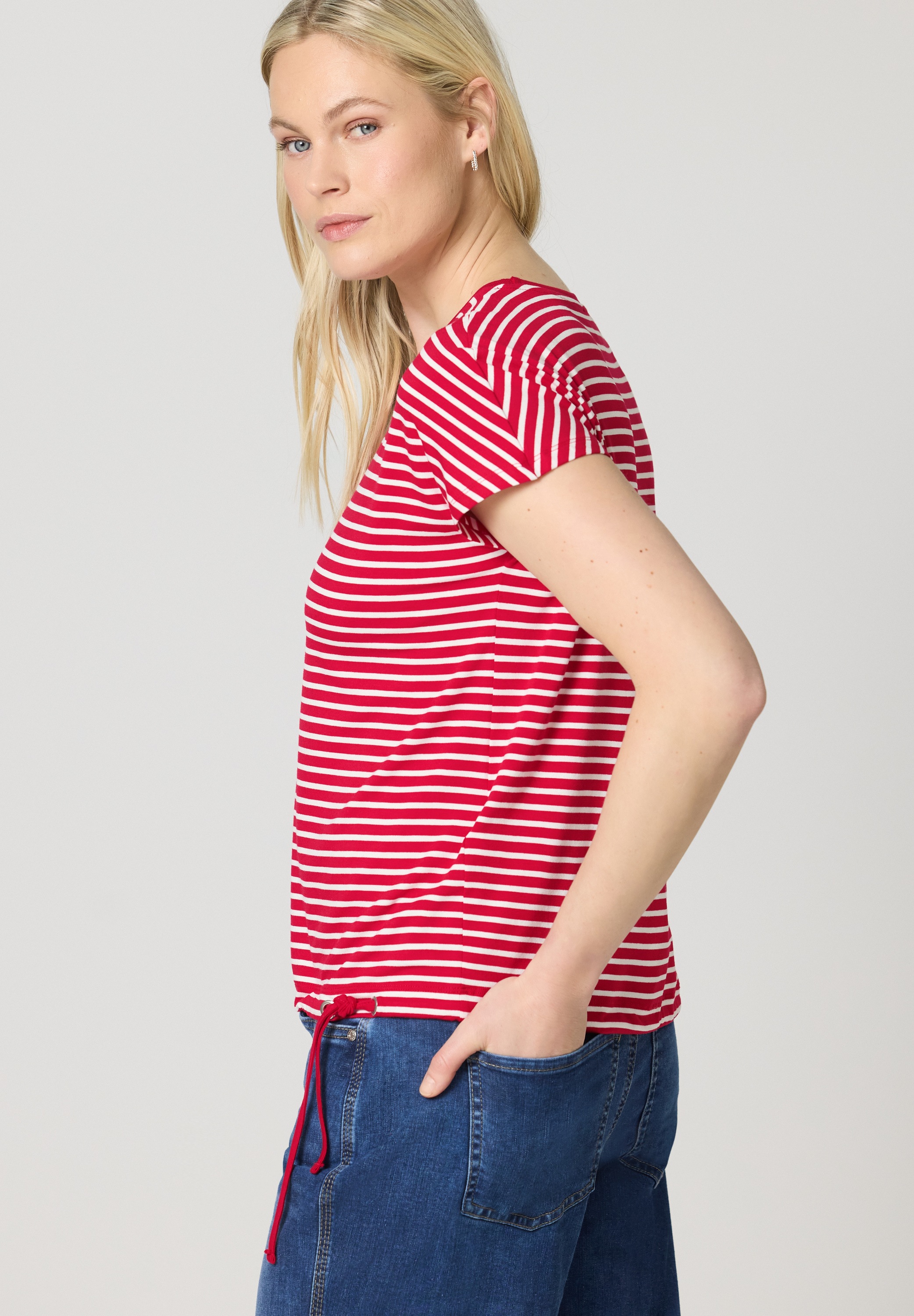 Rundhalsshirt STREET ONE, Damen, Gr. 40, salsa rot, Stoff, 95% Viskose, 5% Elasthan, gestreift, normal normal, Rundhals, abgesteppt, Shirts Rundhalsshirt, Rundhalsausschnitt 2