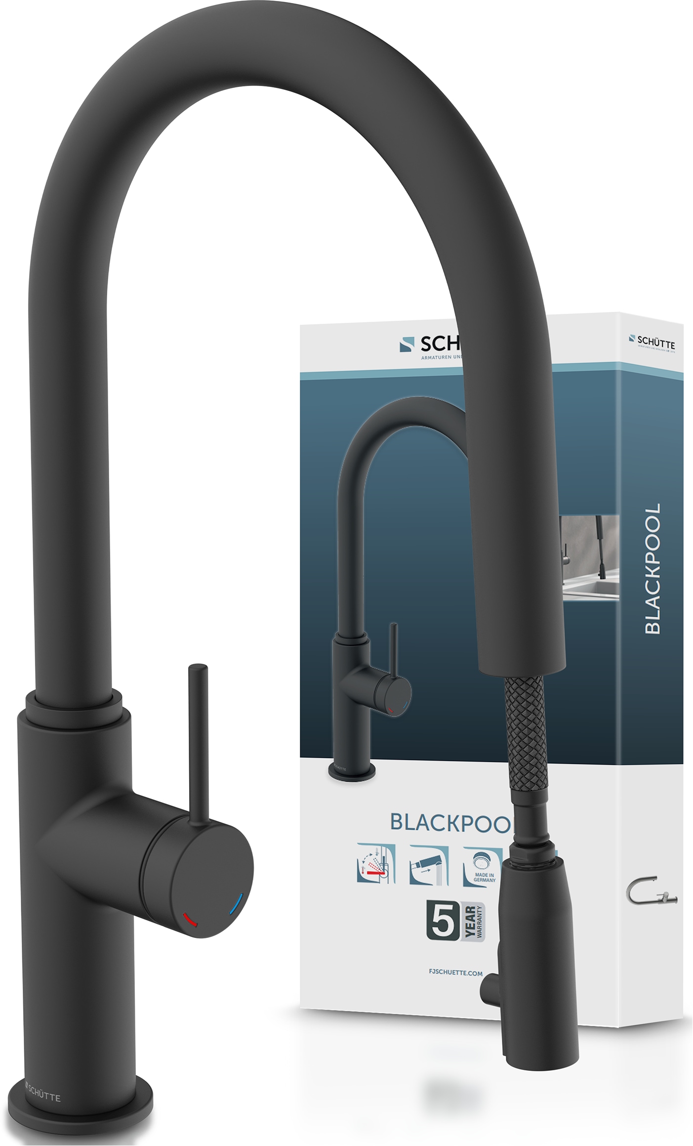 SCHÜTTE Spültischarmatur "BLACKPOOL", B/H/T: 5,5cm x 42,5cm x 26,5cm, Hochdruck, schwarz, Küche, Armaturen, energiesp. Cold-Start-Funkt., 360