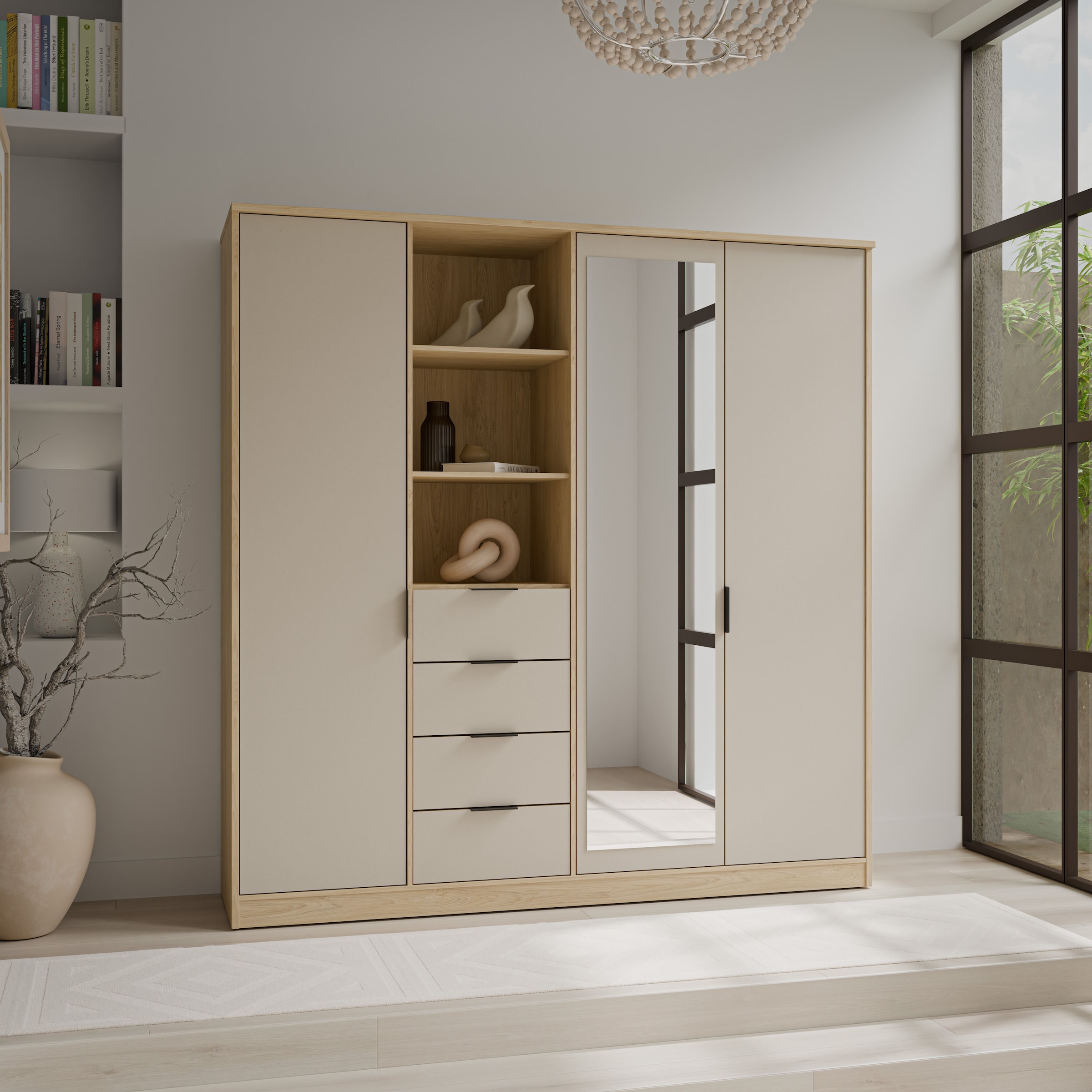 FORTE Kleiderschrank »Forte FORTASTA, 4 Schubladen, offene Ablage« B/H/T 207,5/212,7/52,7 cm, Spiegeltüre