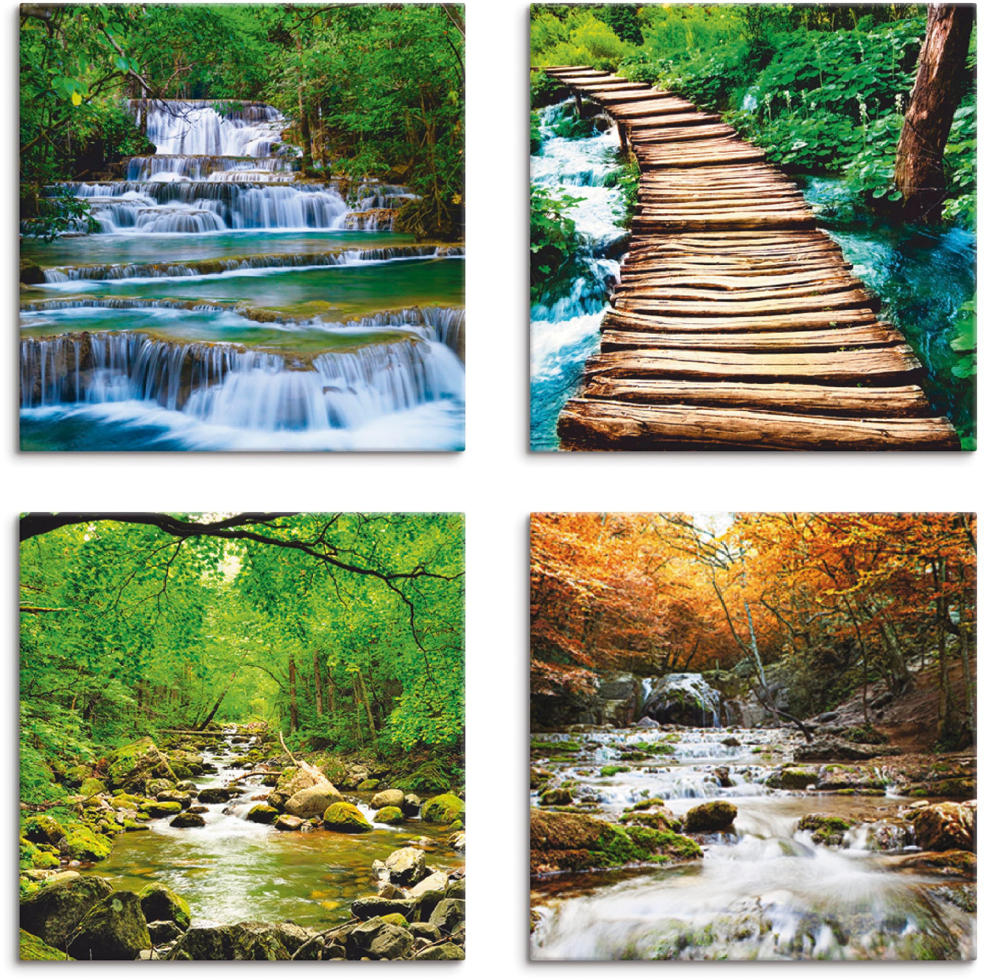 Artland Leinwandbild "Wasserfall Herbstwald Fluß Smolny", Gewässer, (4 St.), 4er Set, verschiedene Größen