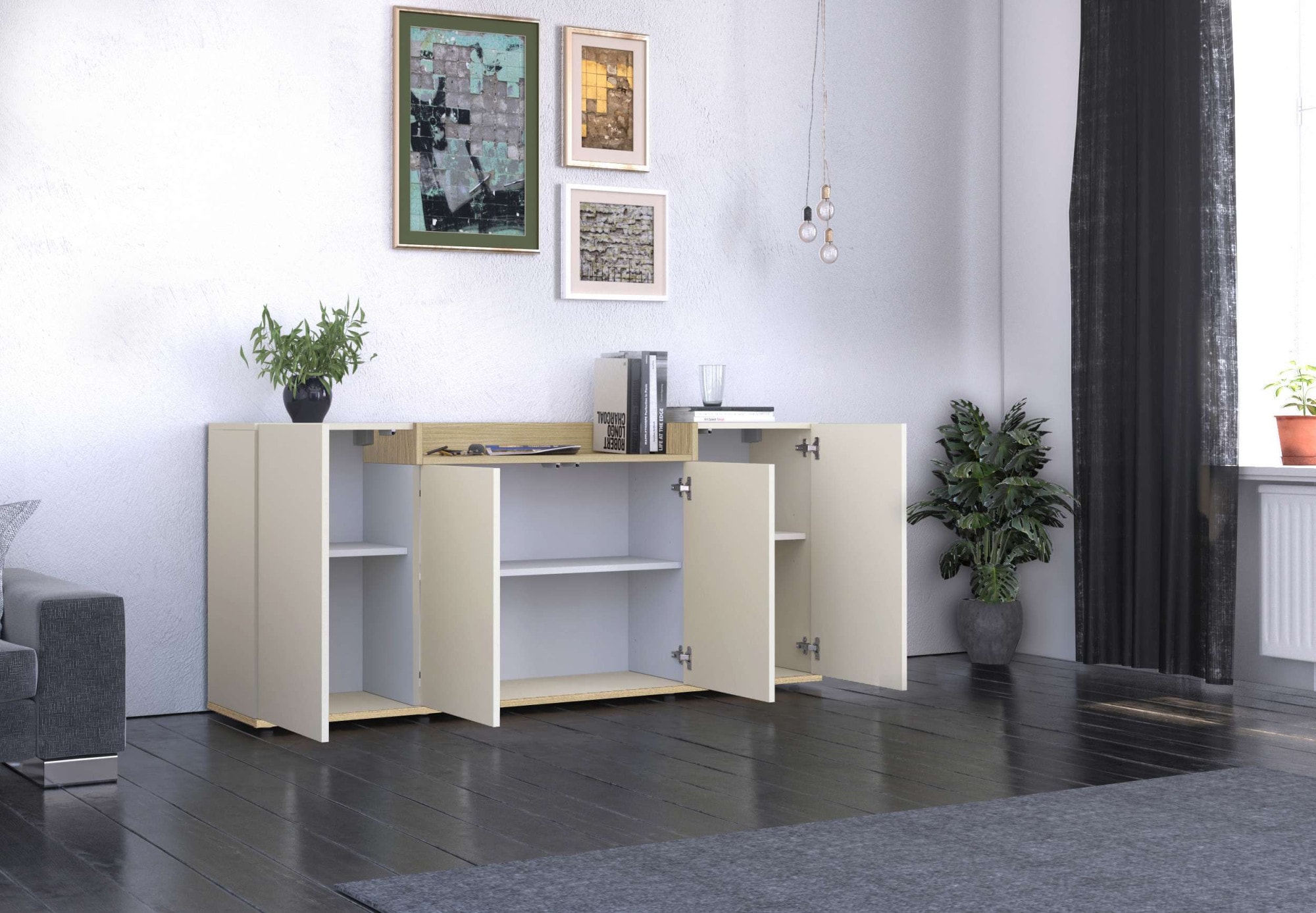 OTTO home Sideboard »BOLSENA, Kommode, Schrank,Lowboard mit 6 Fächer und offenes Ablagefach« 1 Stk. tlg. stehend/hängend montierbar, Made in Italy, B/T/H: 160 × 35 × 71,2 cm