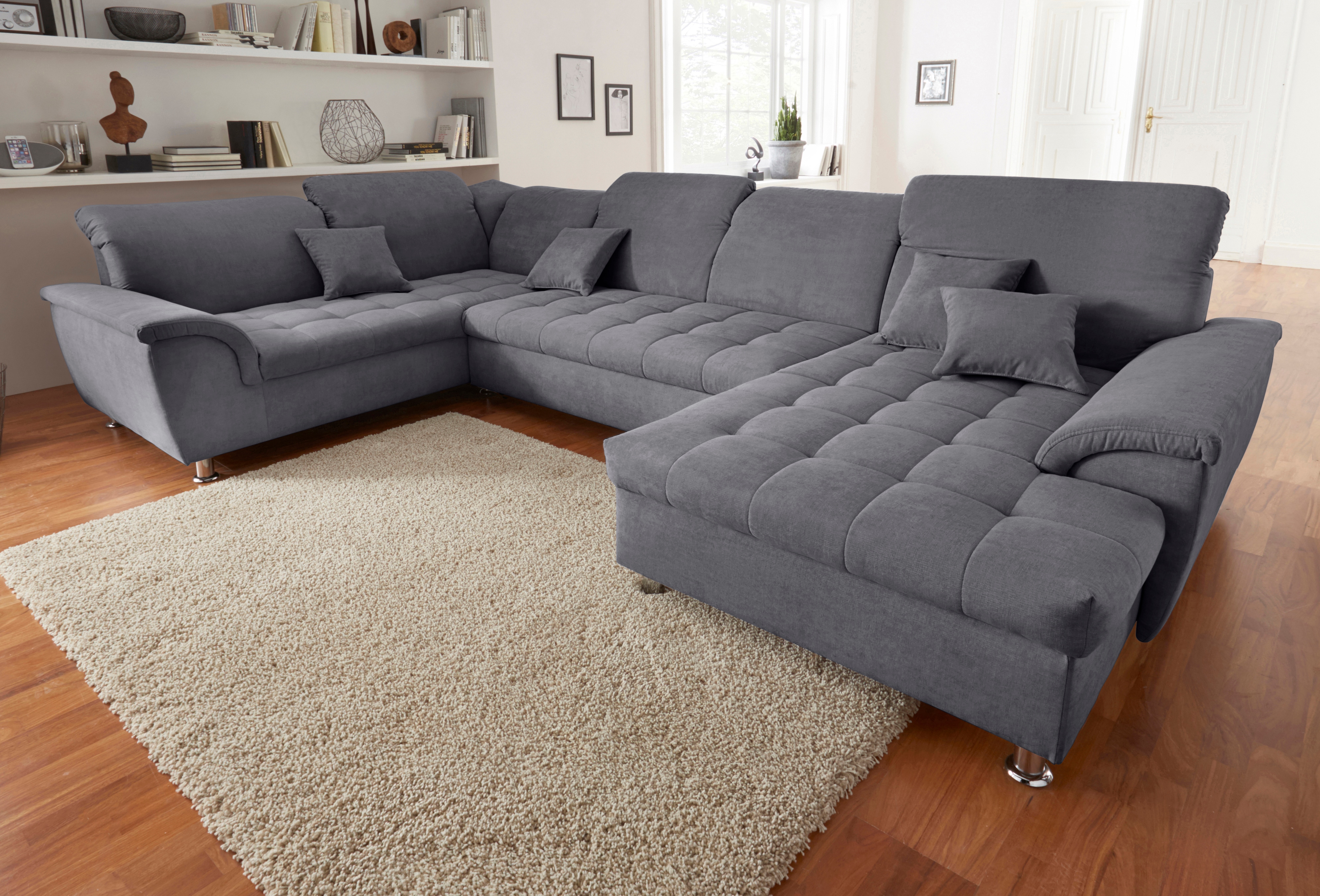DOMO collection "FRANZI mit Kopfteilverstellung, U-Form mit viel Platz, bequem" XXL-Sofa, U-Form, belastbar bis 140kg/Sitz, dunkelgrau, Breite: 352cm