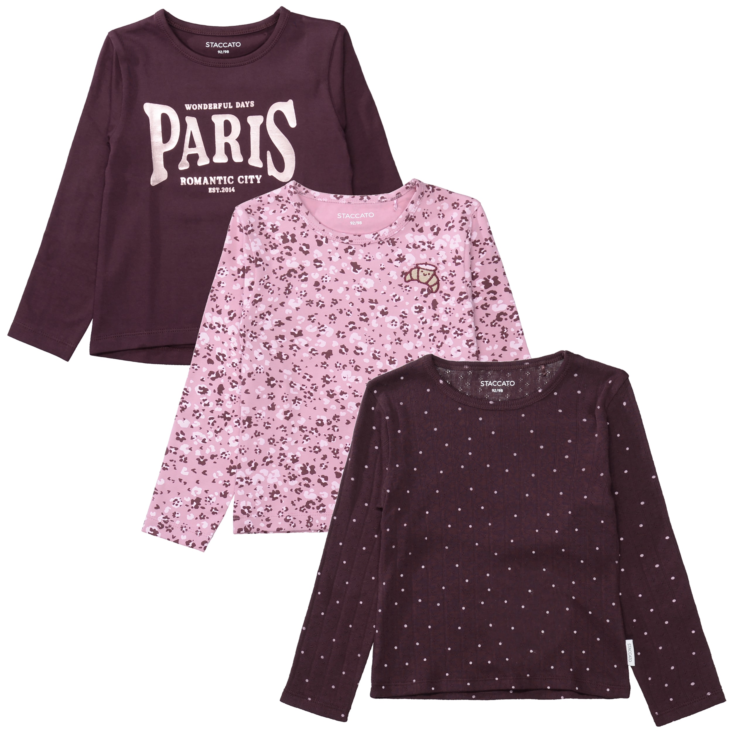 STACCATO Langarmshirt Packung, 3 Baumwolle mit Elasthan, gemustert, mit Prints
