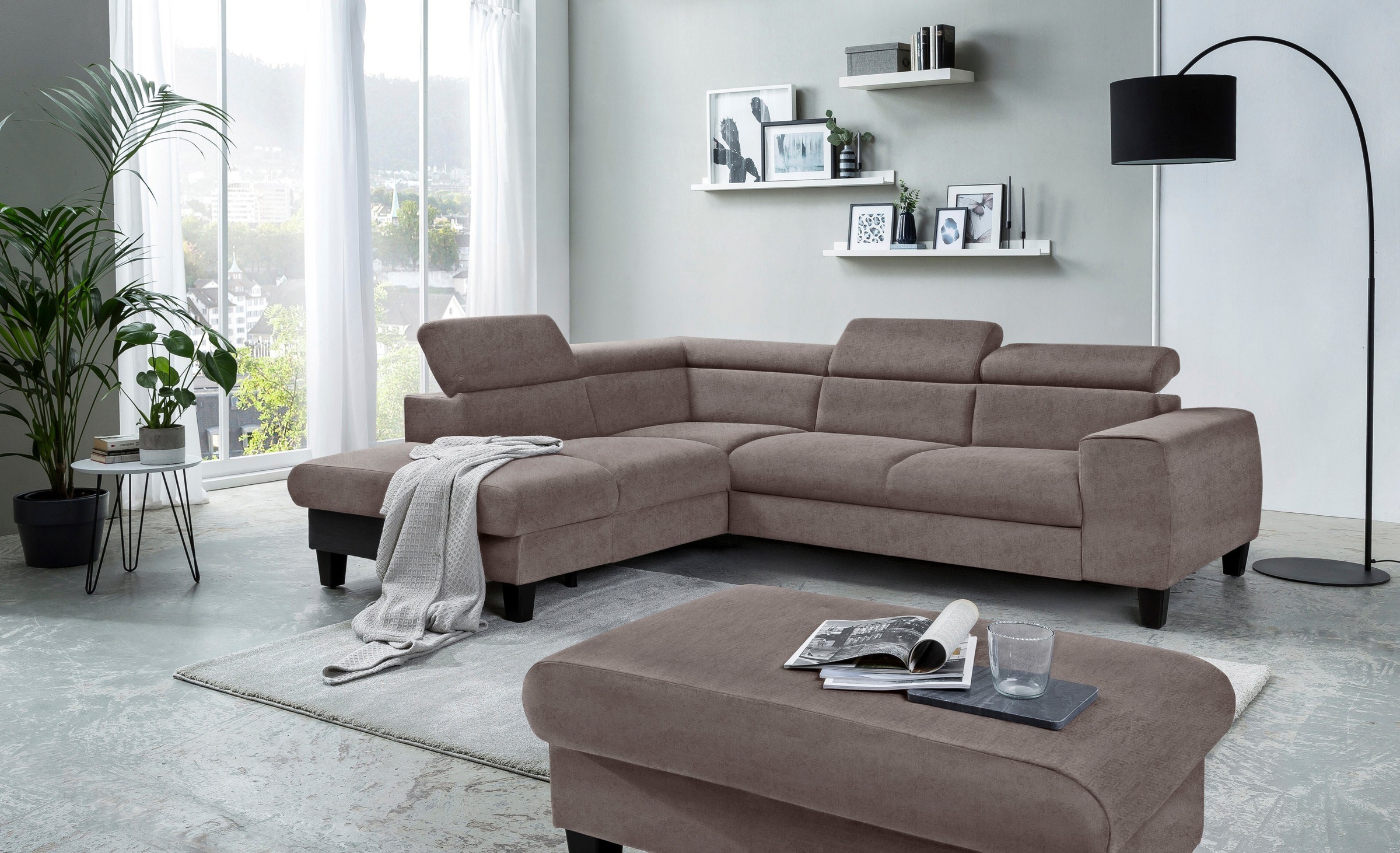 COTTA Polstergarnitur »Morven«, (Set), Set: bestehend aus Ecksofa und Hocker, Kopfteilverstellung