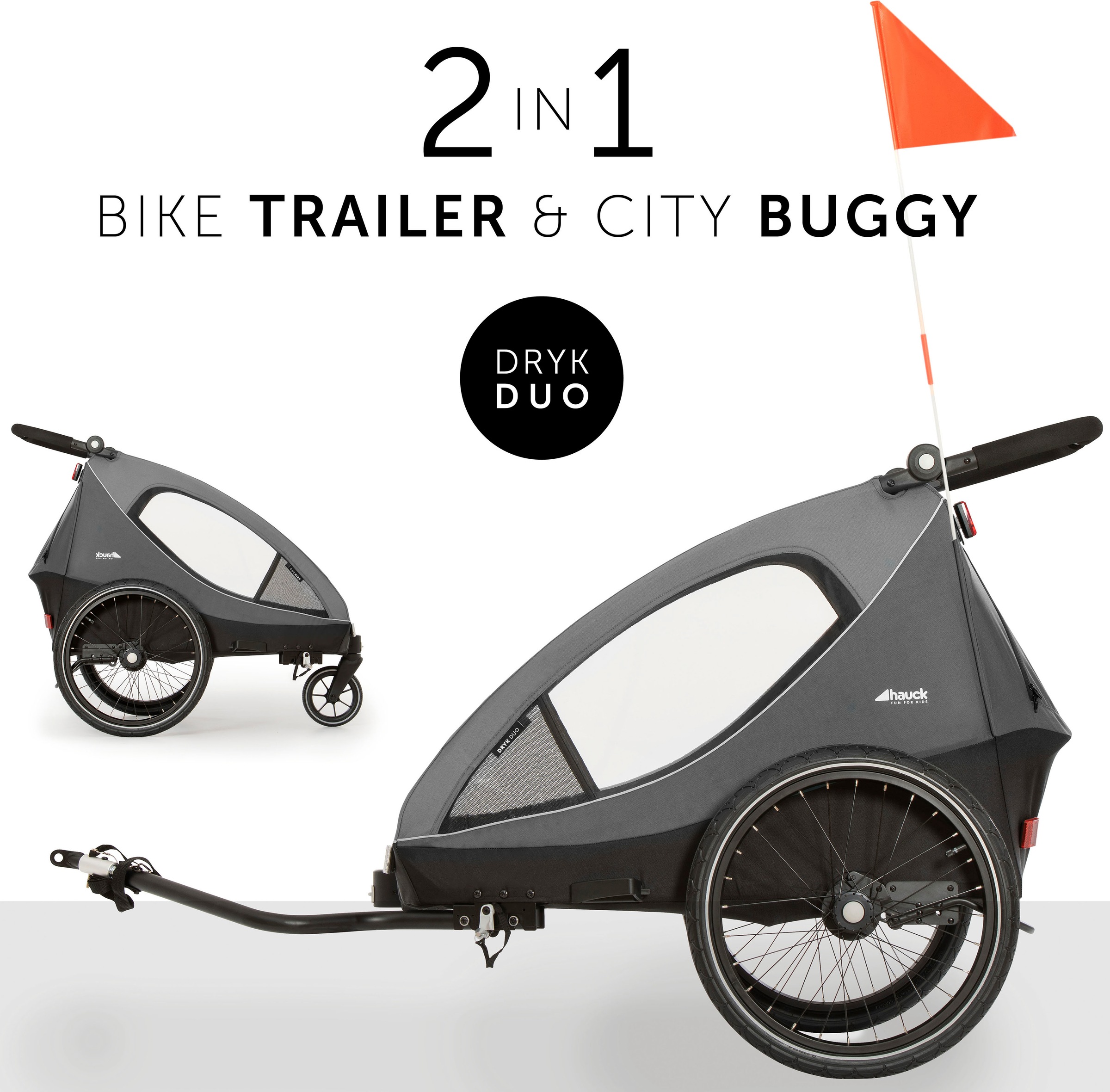 Thumbnail - Hauck Fahrradkinderanhänger "2in1 Bike Trailer und Buggy Dryk Duo, grau" für 2 Kinder; inklusive Deichsel