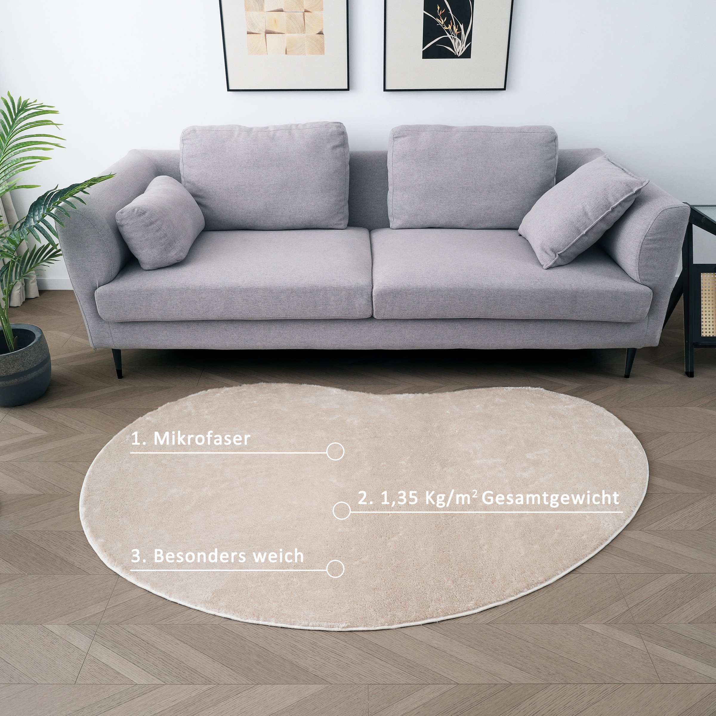 my home Teppich »Cali Bean«, U-förmig, 16 mm Höhe, besondere Form, Uni, weich, waschbar, Wohnzimmer, Schlafzimmer