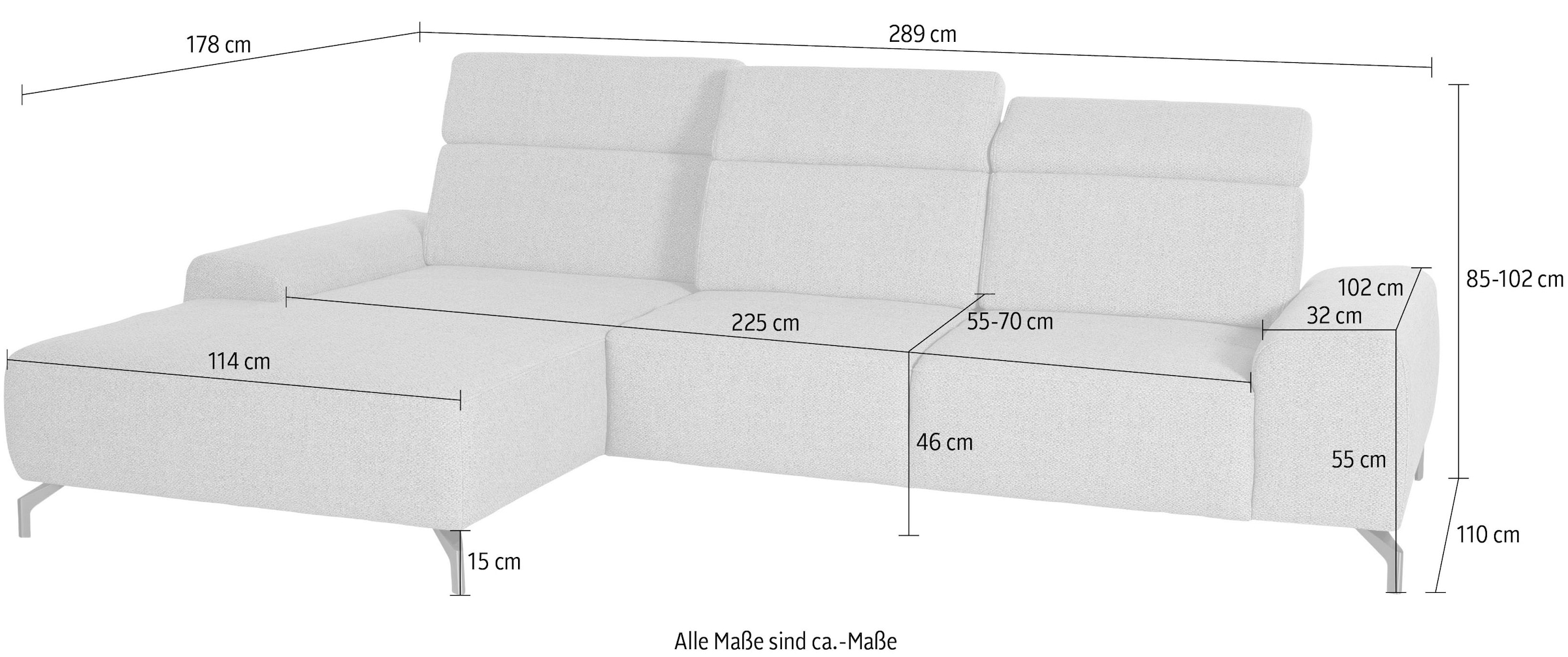 sit&more Ecksofa »Gizeh L-Form« Fußhöhe 15 cm, inklusive Sitztiefenverstellung und Kopfteilverstellung