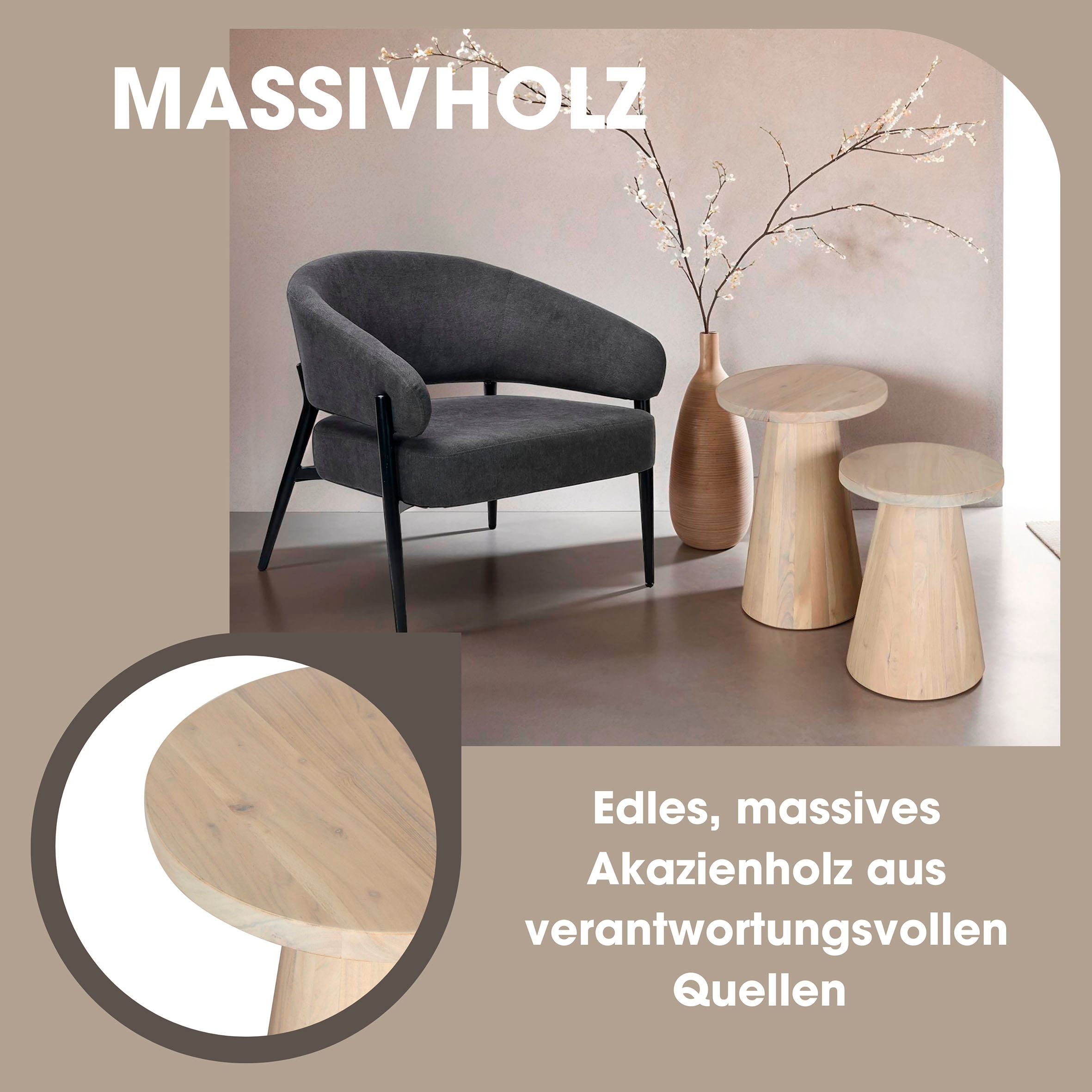 byLIVING Beistelltisch »Cone«, aus Massivholz in schwarz oder white wash, verschiedenen Größen