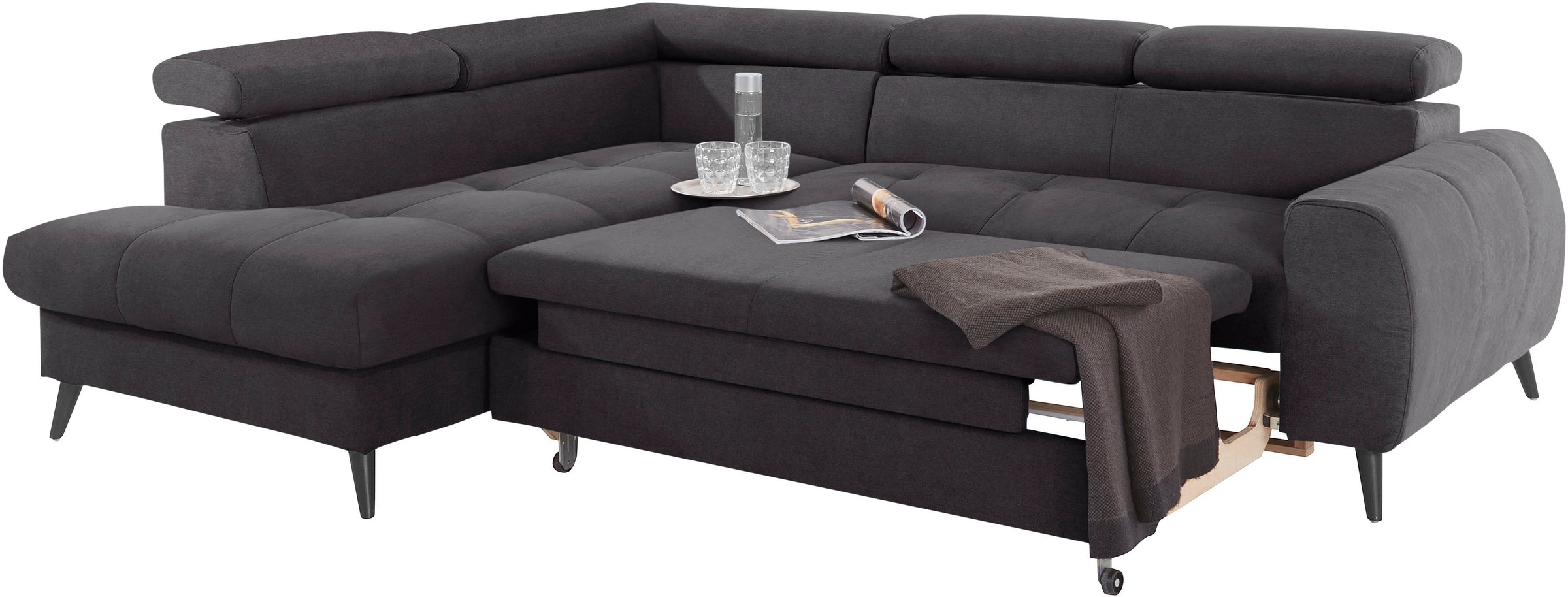 COTTA Ecksofa »Mia L-Form mit 3 Zierkissen«, wahlweise mit Bettfunktion, Bettkasten, Beleuchtung & Wireless-Charger
