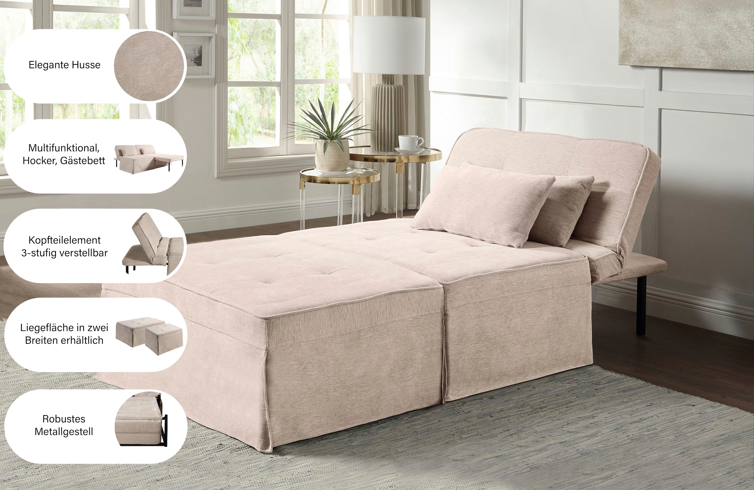 OTTO home Schlafsofa »Finn« wandelbar zum Loungesessel, Relaxliege und Gästebett, inkl. Kissen