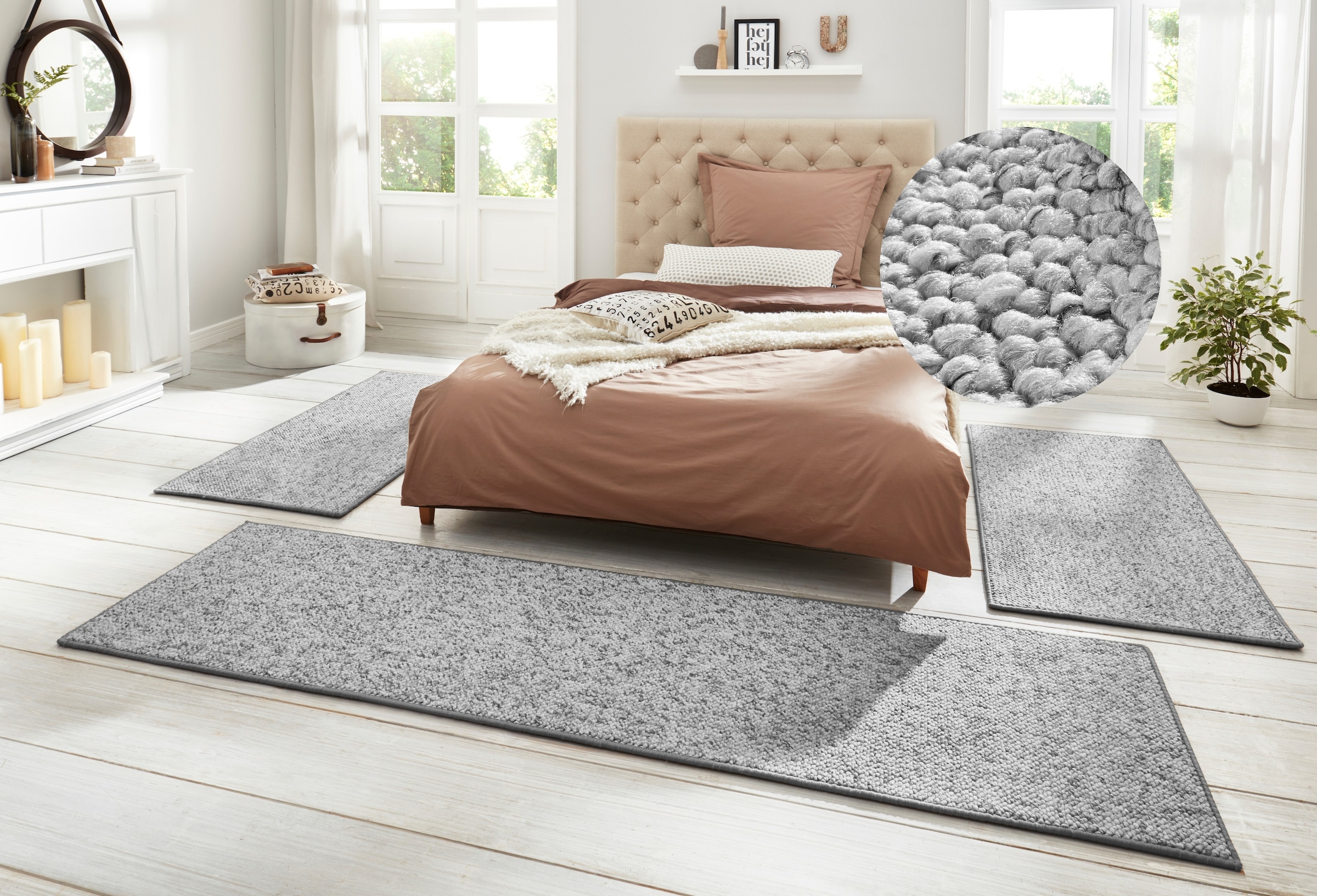 Bettumrandung HANSE HOME, H:12mm, grau, Obermaterial: 100% Polypropylen, Schlafzimmer, Bettumrandungen, "Wolly 2", Bettvorleger, 3-teiliger Läufer