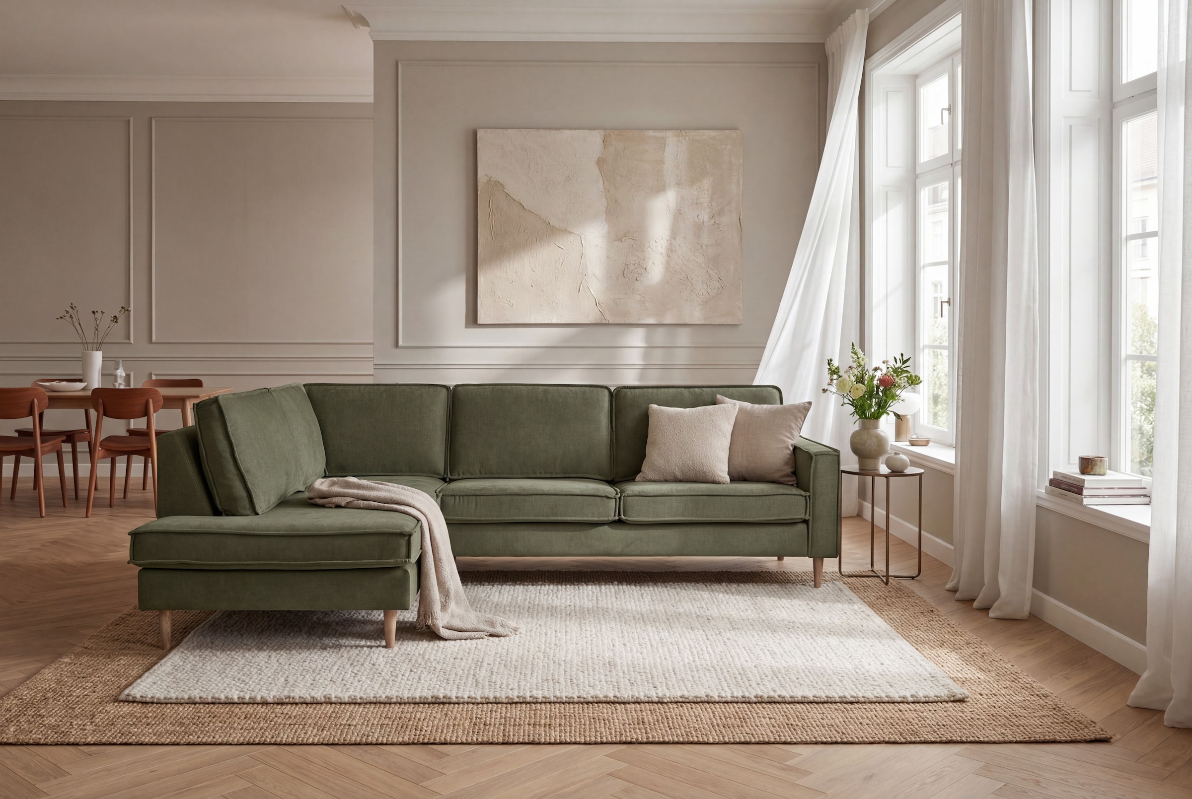 OTTO home Ecksofa "Pinto Skandi, 290 cm, Chenille, Struktur, Ottomane links / rechts" mit Keder, Massivholzfüße Eiche geräuchert, Wellenunterfederung
