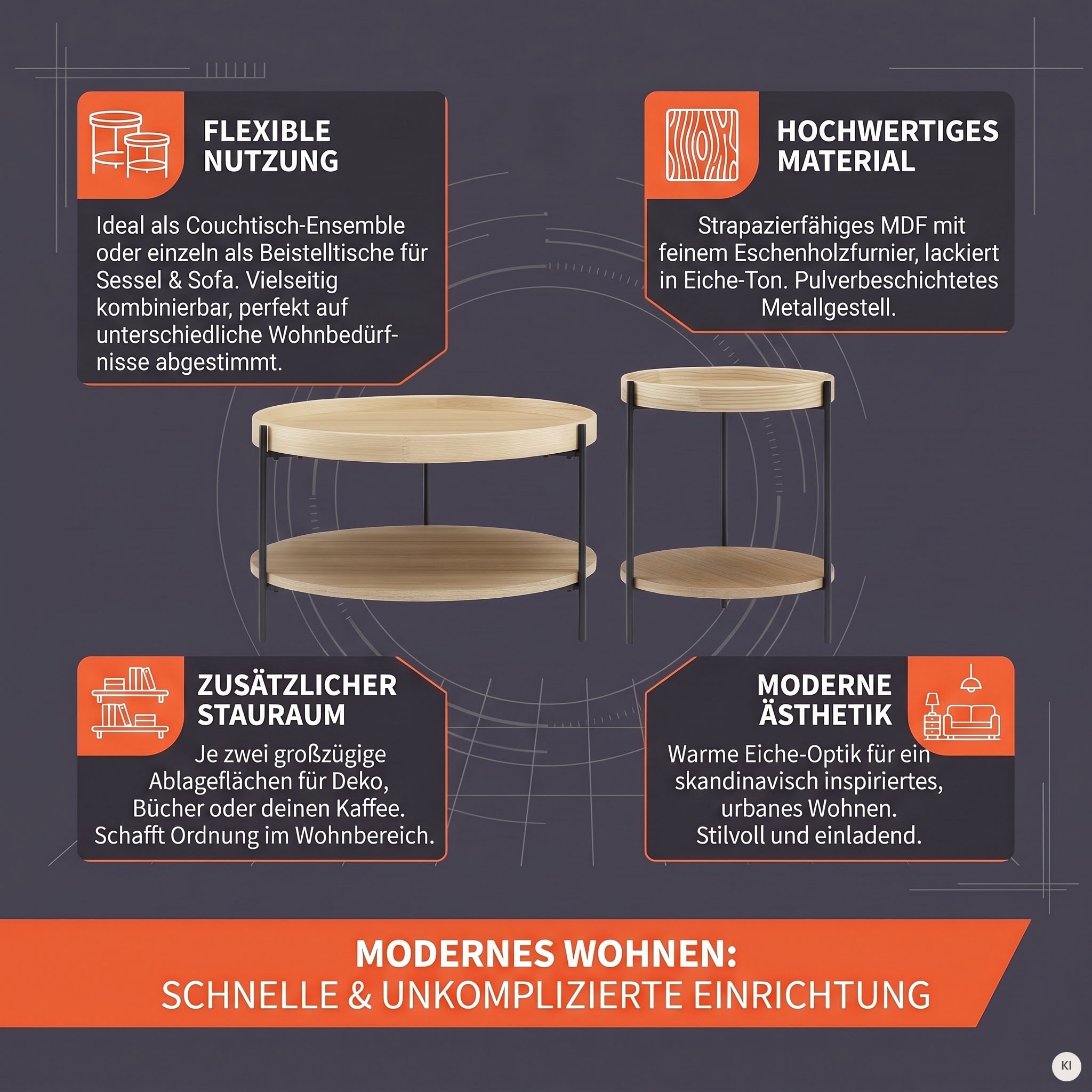 SalesFever Couchtisch »Chicago Couchtisch-Set rund 2-teilig mit 2 Ablageflächen« Set, 2 Stk. tlg. Moderner Wohnzimmertisch mit zusätzlichem Stauraum
